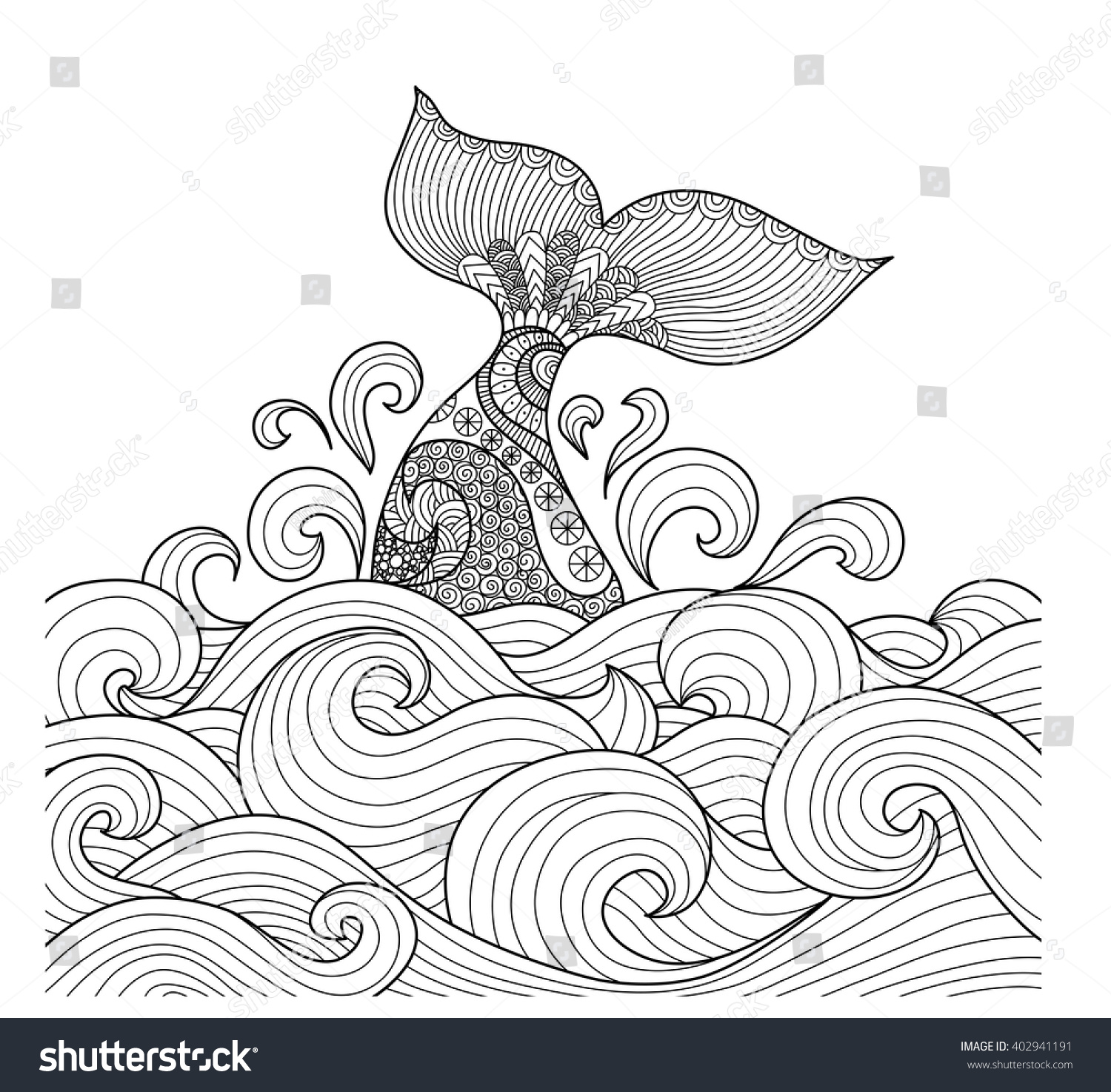 Whale tail in the wavy ocean lines art for adult coloring book sign  logo  T-shirt  card and design elelment