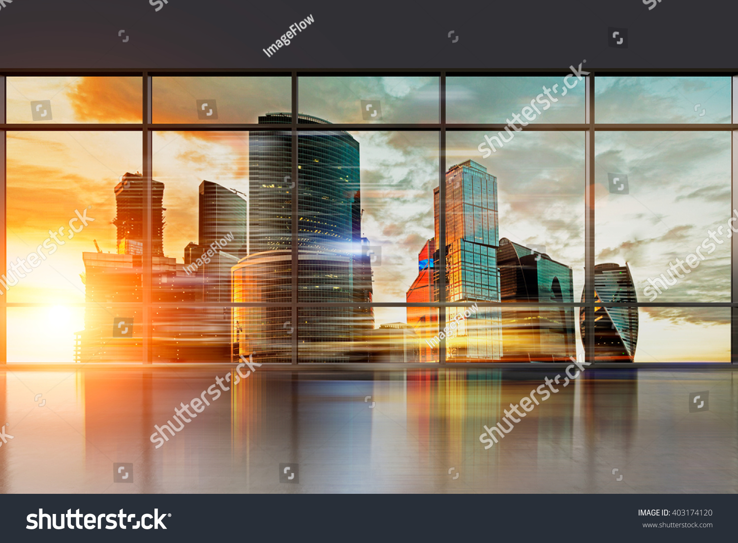Moscow city view through office window sunset. Filter toned. Concept of business center. 3D rendering