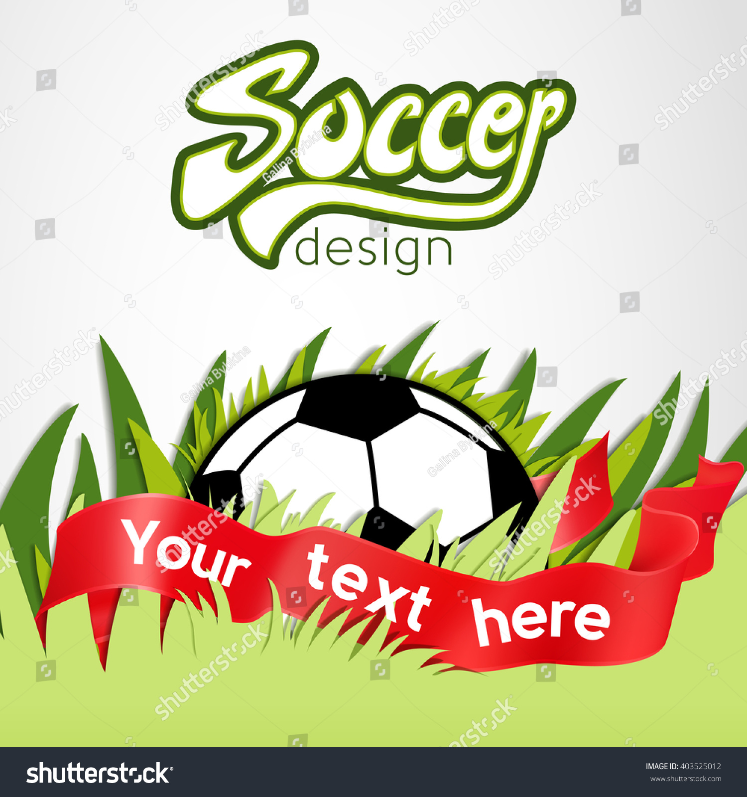 Vector soccer banner with ball  red ribbon for text and grass background   stylish paper design and colorful lettering 