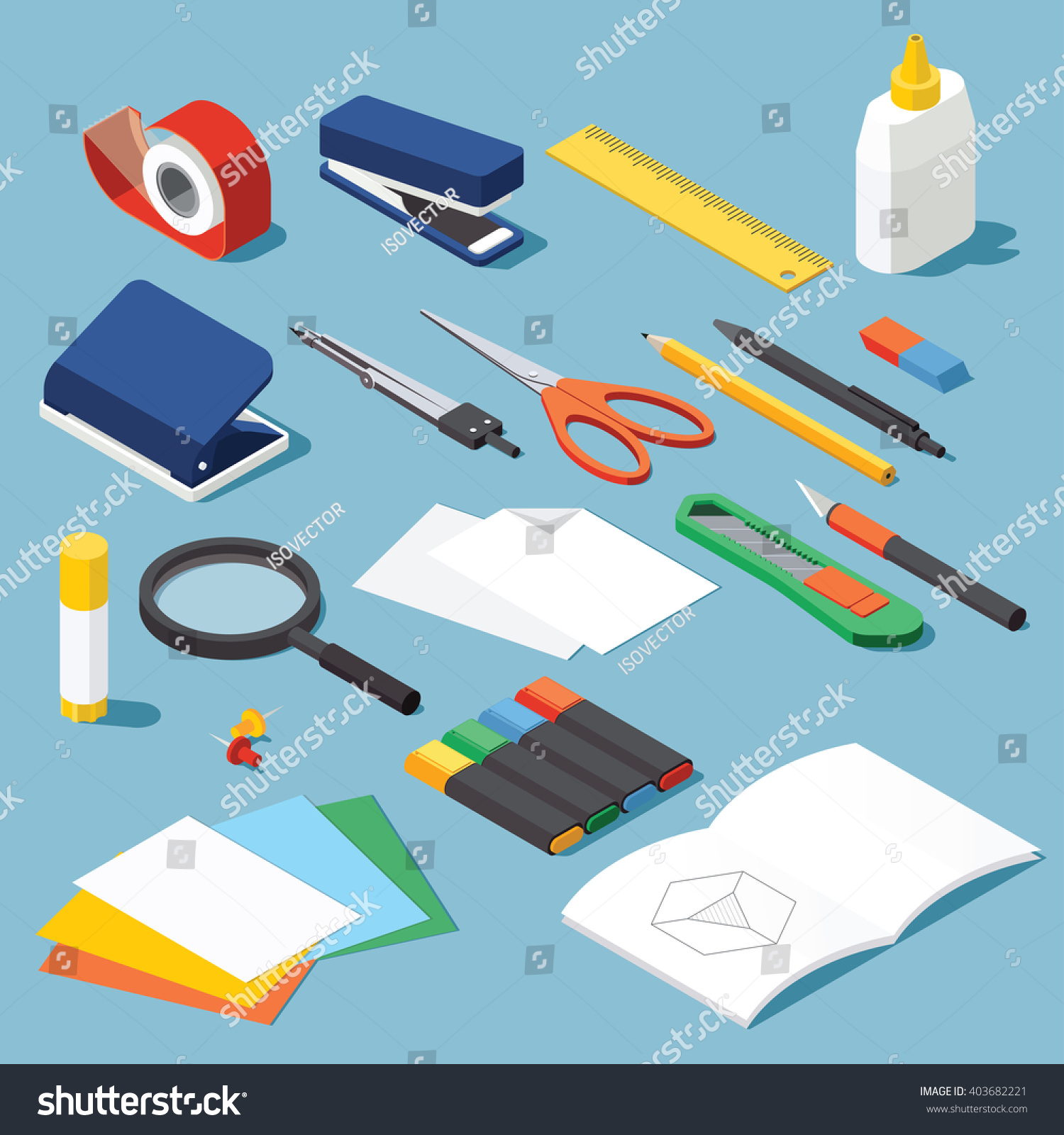 Isometric office stationery set. Collection includes adhesive tape  stapler  ruler  tube glue  hole puncher  dividers  scissors  pen  eraser  knife  magnifier  open book  paper  marker. Stock vector.