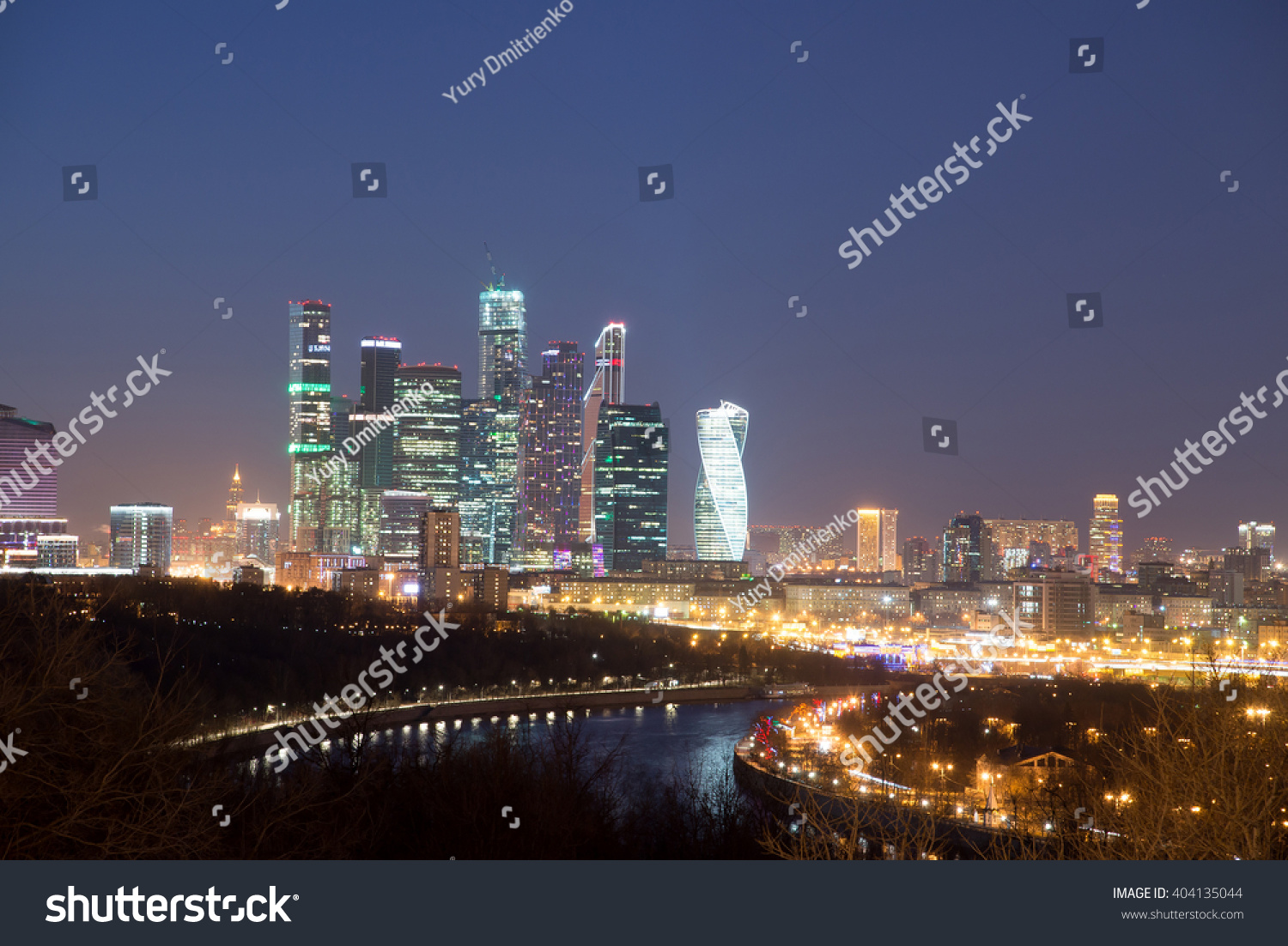Moscow International Business Center (Moscow City) at night. View from the observation platform on the Sparrow Hills. Moscow Russia.