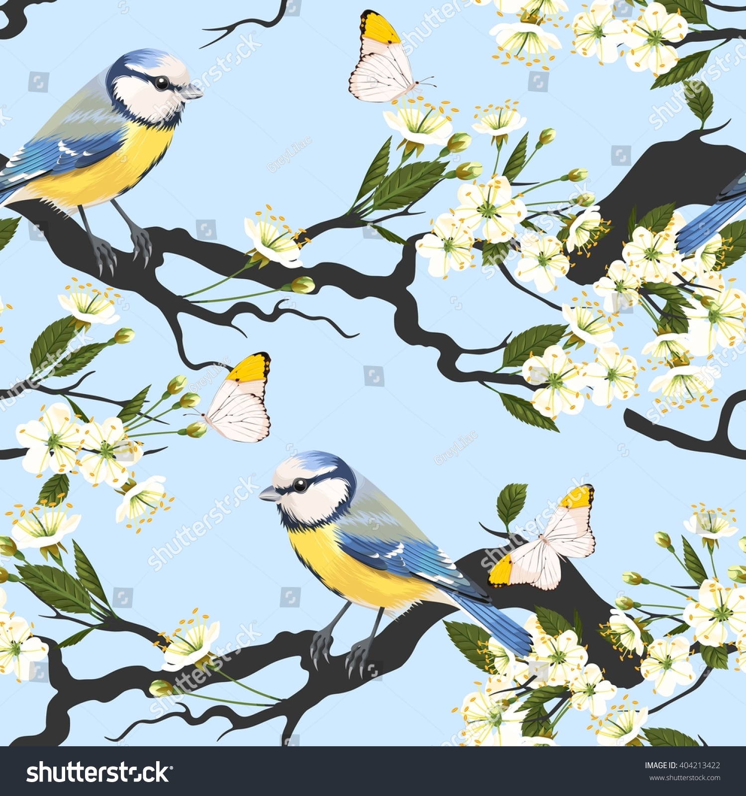 Tomtit on cherry branch seamless