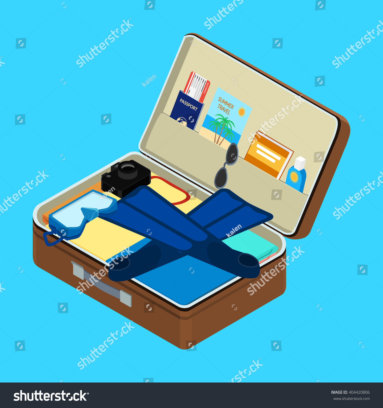 Vector illustration. open suitcase with things. Mask  flippers  a passport  a plane ticket  sunscreen  camera. isometric  infographic