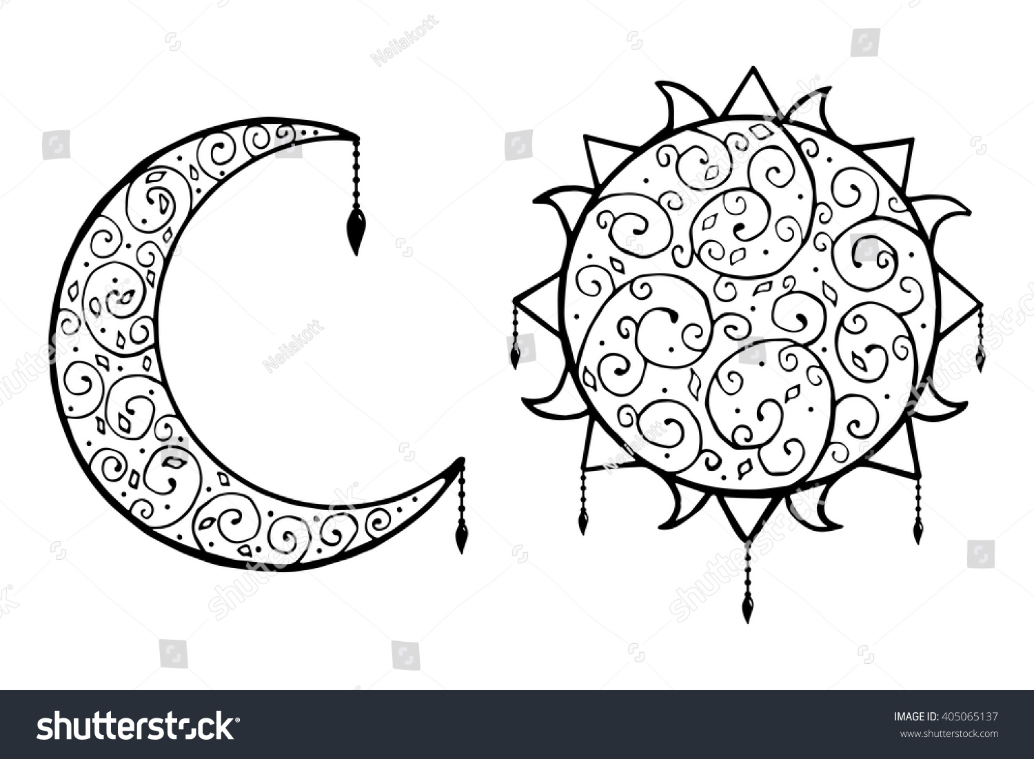 Decorative doodle  sun and moon with  isolated vector illustration. On a white background.