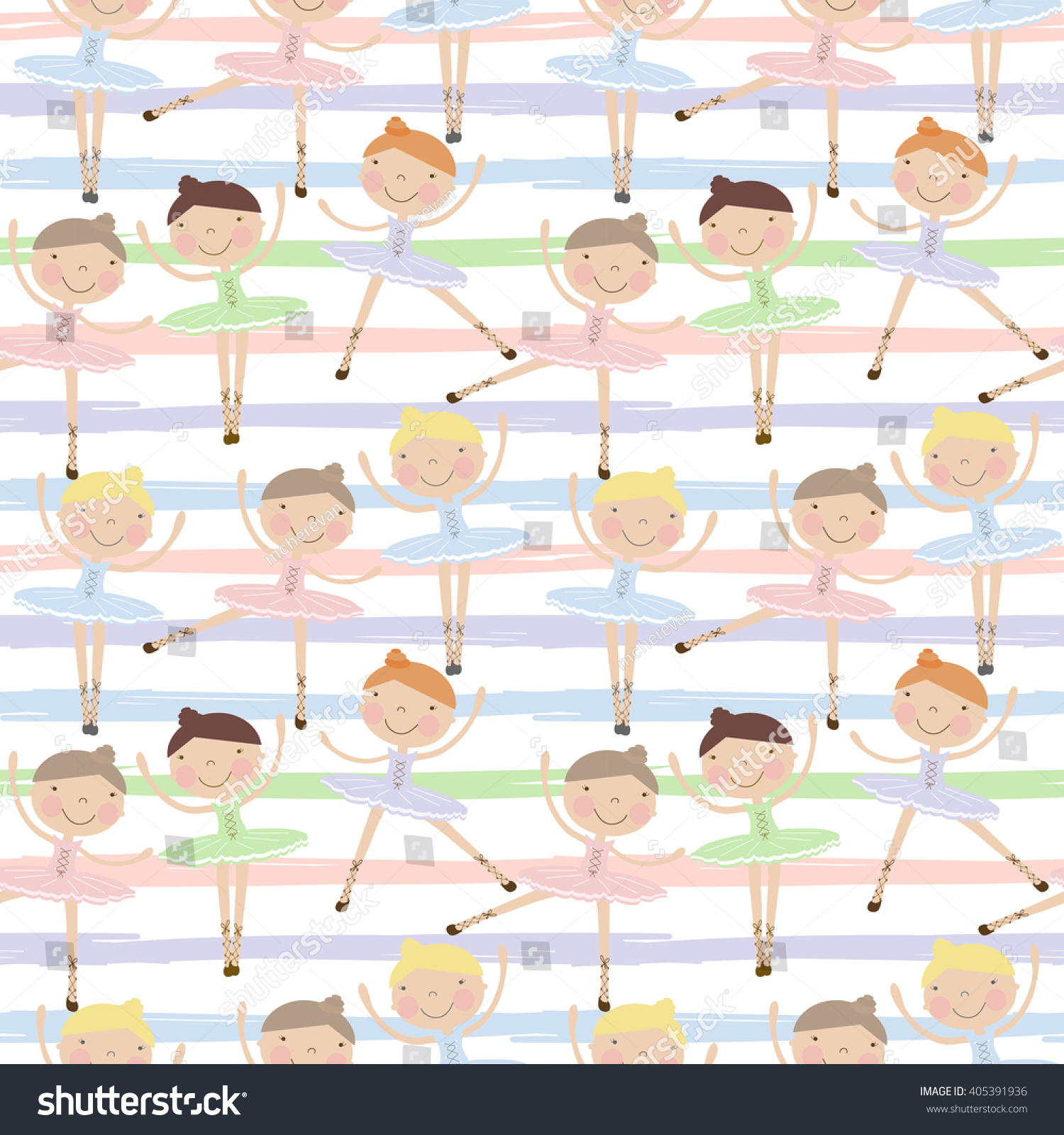 Cute dancing ballerina girls in blue  green and pink dresses  on striped background. Seamless pattern for baby and child wallpapers  textile  posters and clothing prints.Girlfriends in ballet dresses