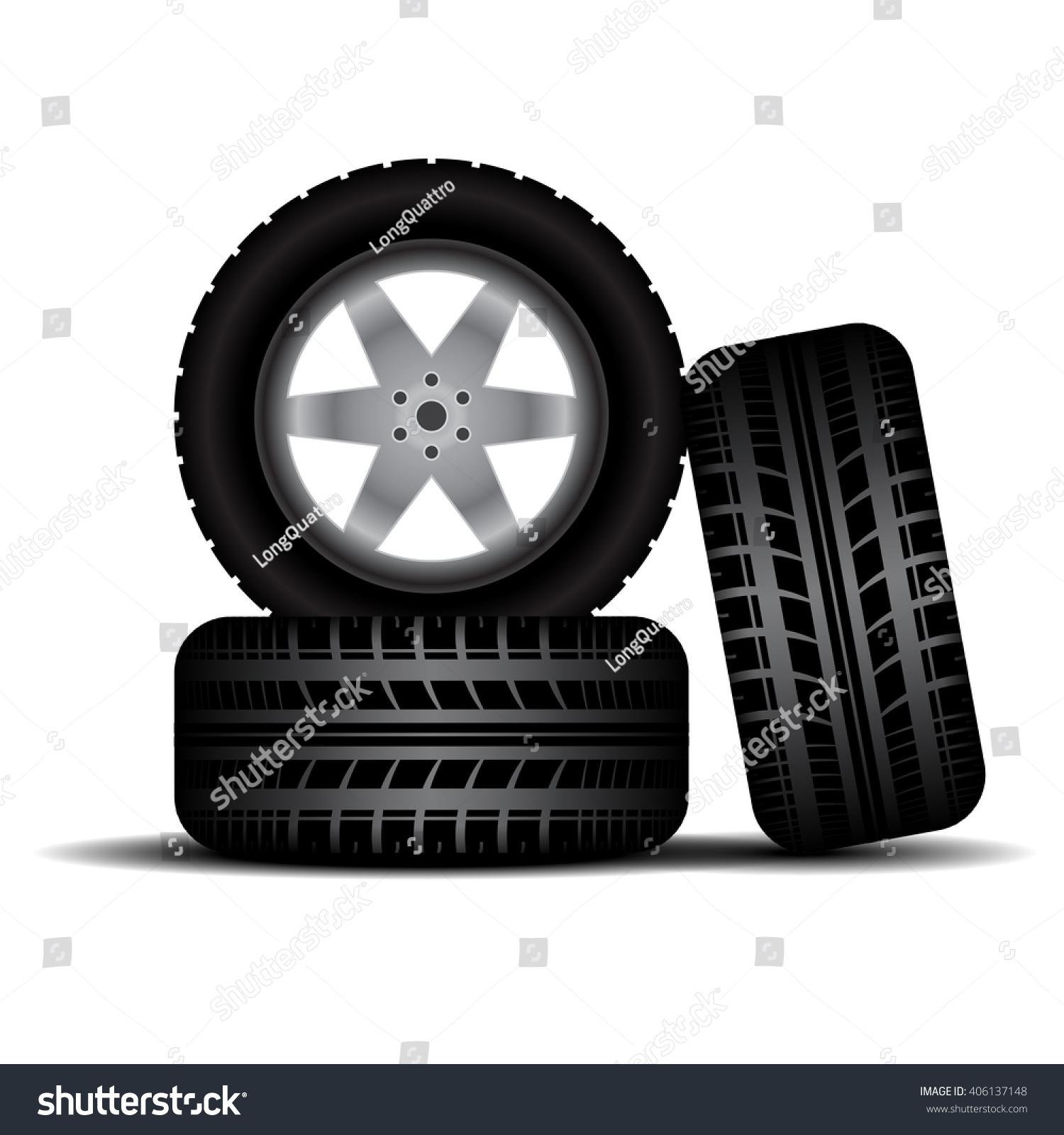 three car wheels with tire tracks isolated on white background