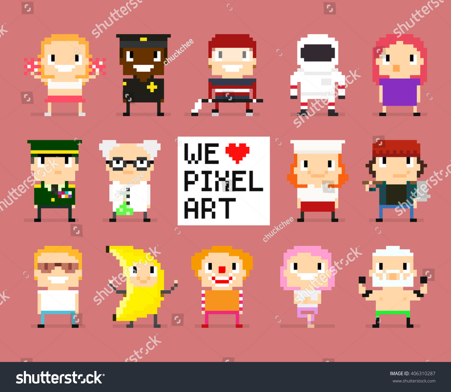 Different pixel art characters  8 bit people  we love pixel art sign with pixel heart