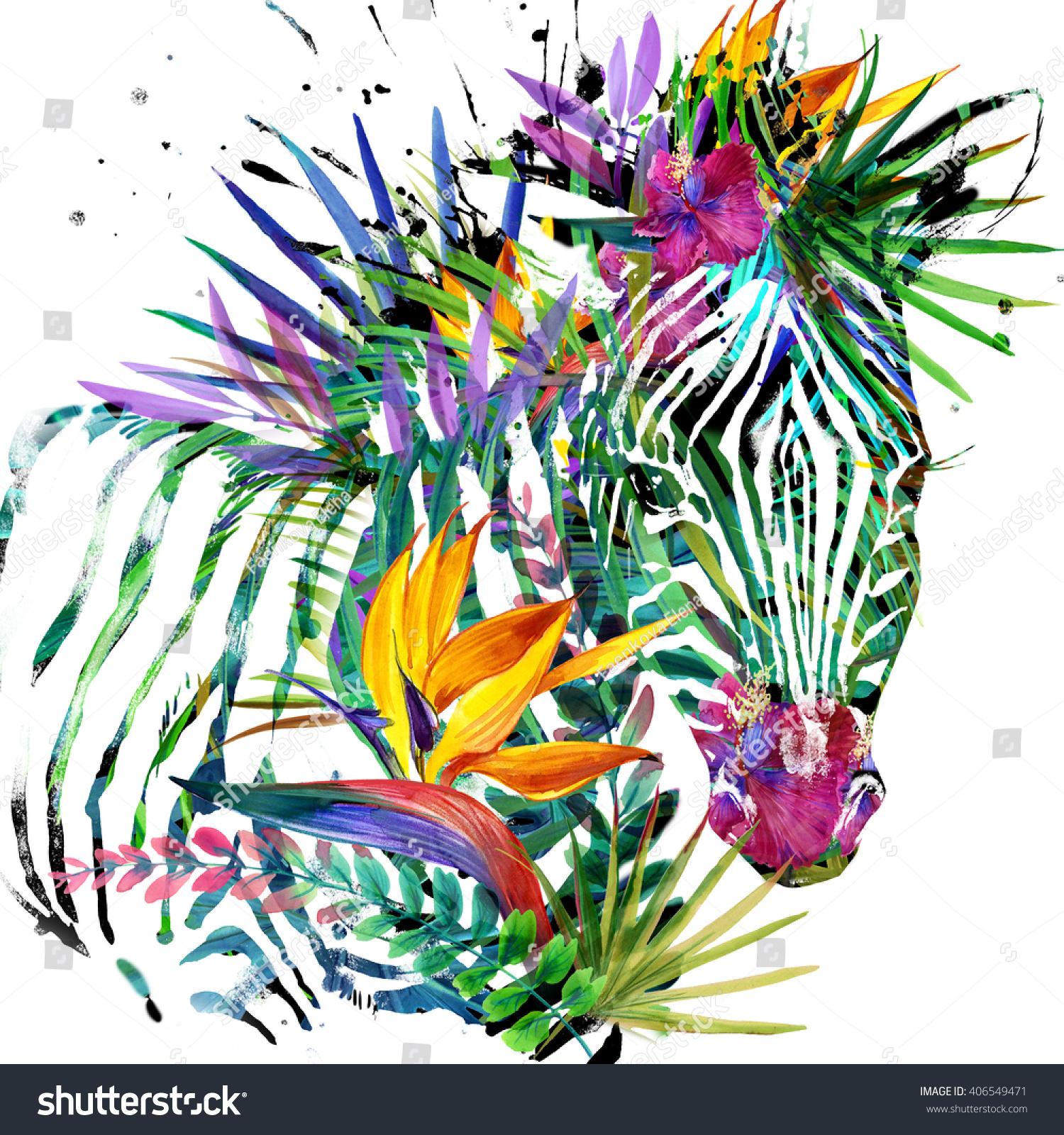 Zebra. Exotic tropical plant background. Watercolor illustration. Tropical nature