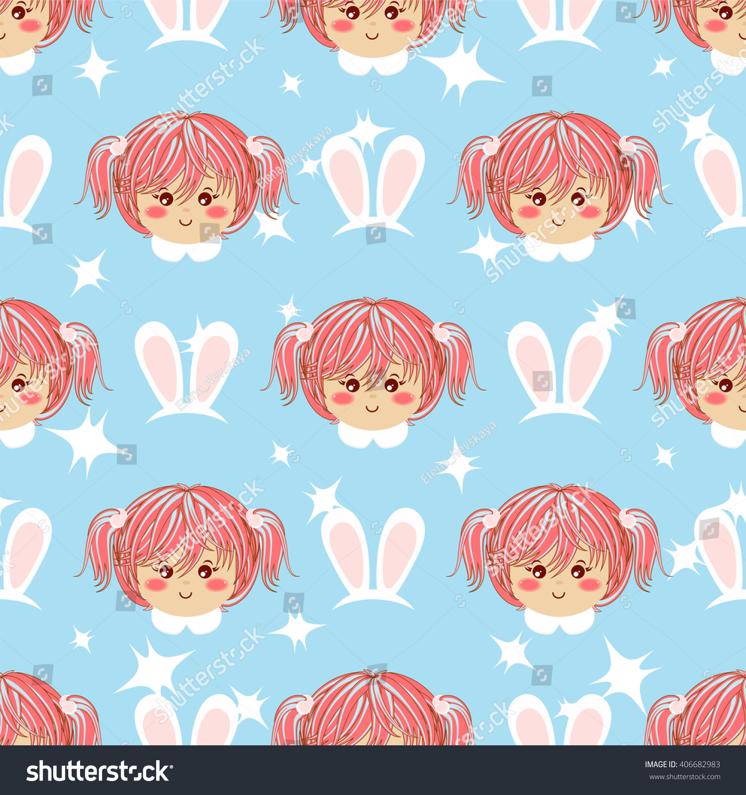 Seamless vector pattern. Flat cartoon girl with blonde hair. Sweet  bright color. Kawaii smiling face expression. Perfect for textile  background  texture  fabric. Blue  pink 