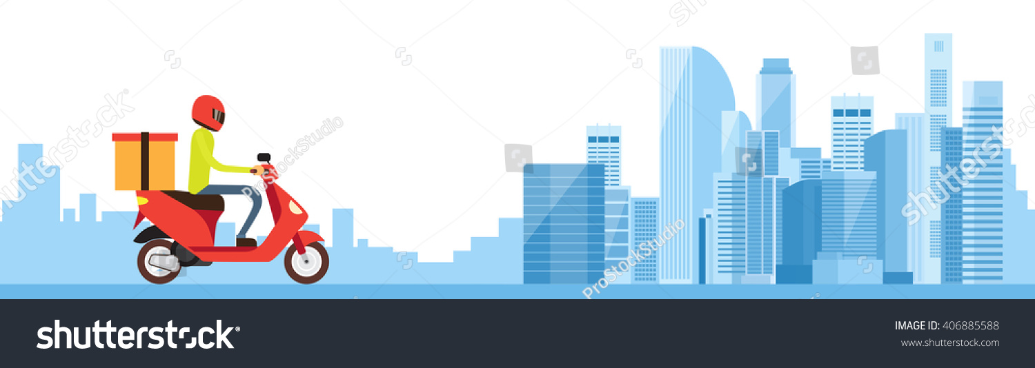 Delivery Boy Ride Scooter Motorcycle City Background Banner Flat Vector Illustration