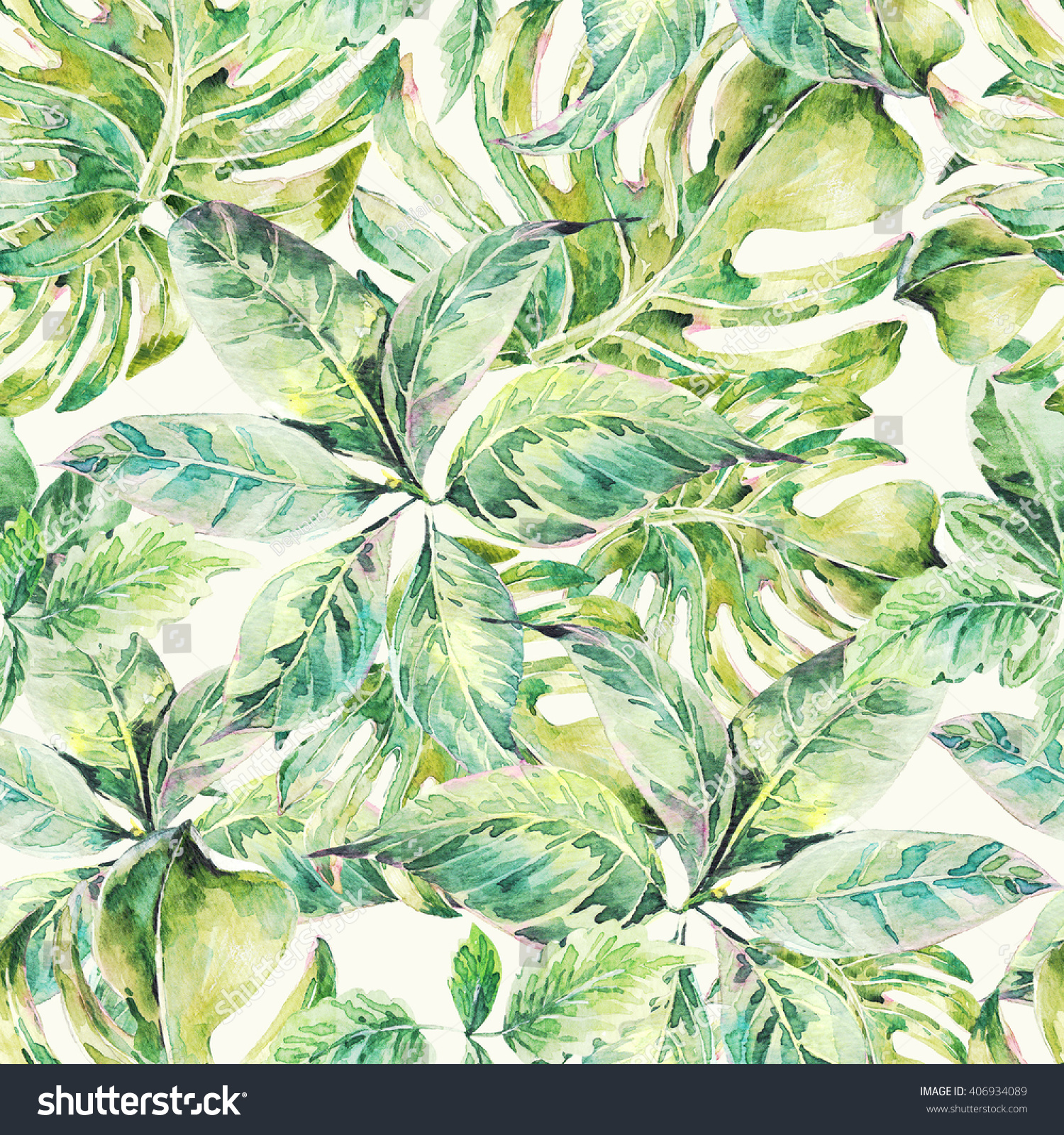 Natural leaves exotic watercolor seamless pattern green tropical leaves botanical summer illustration on white background