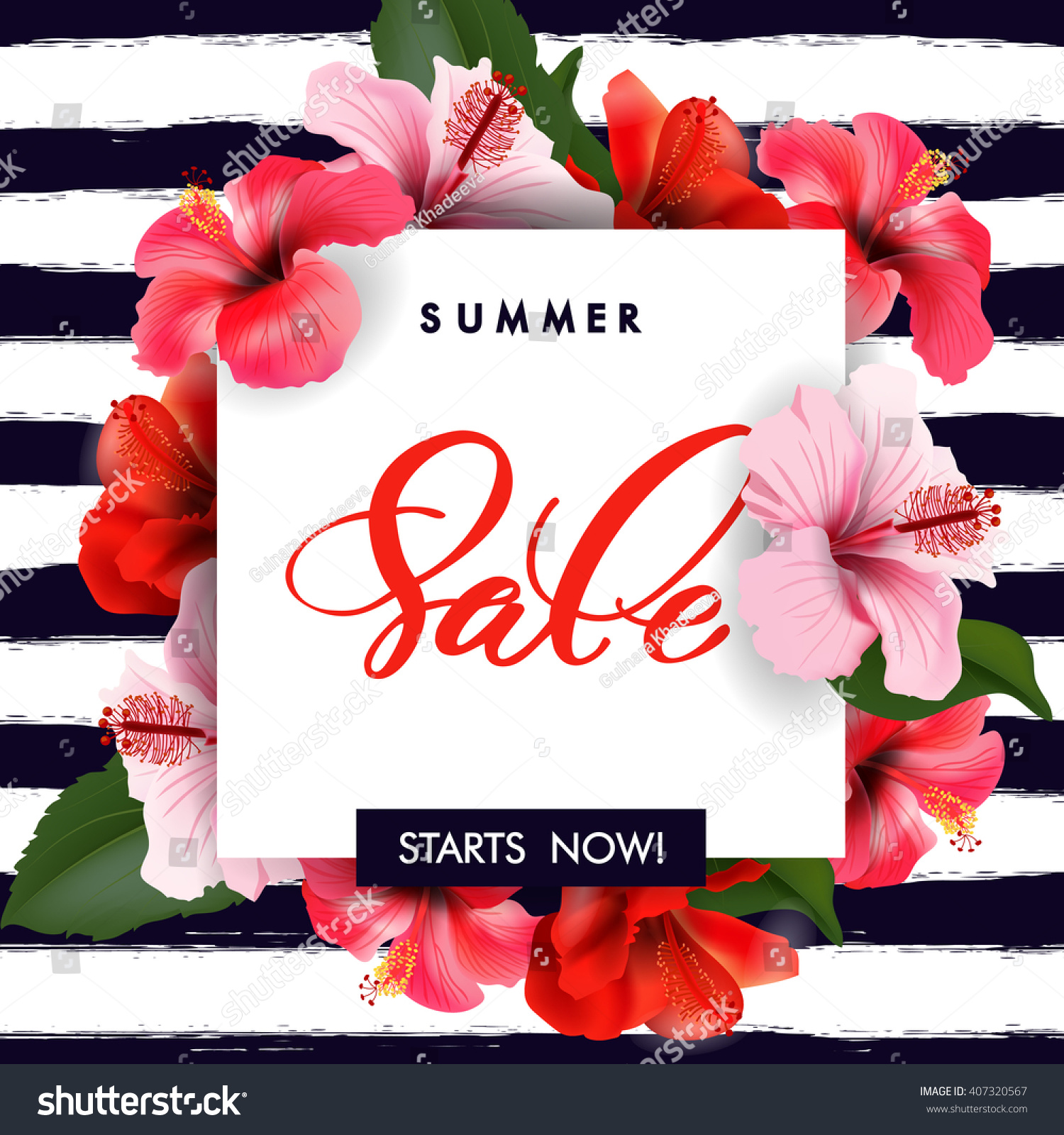 Summer sale Concept. Summer background with tropical flowers.  Template Vector.