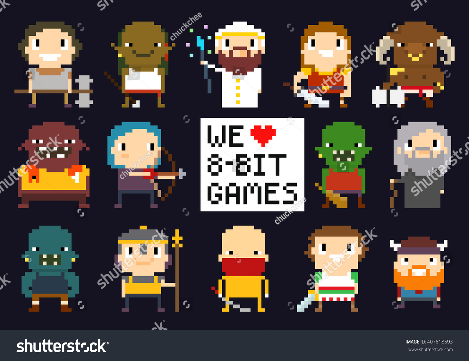 Pixel art characters  8-bit game characters  warriors  monsters  mage  sorcerer  humans and orcs  we love 8-bit games sign