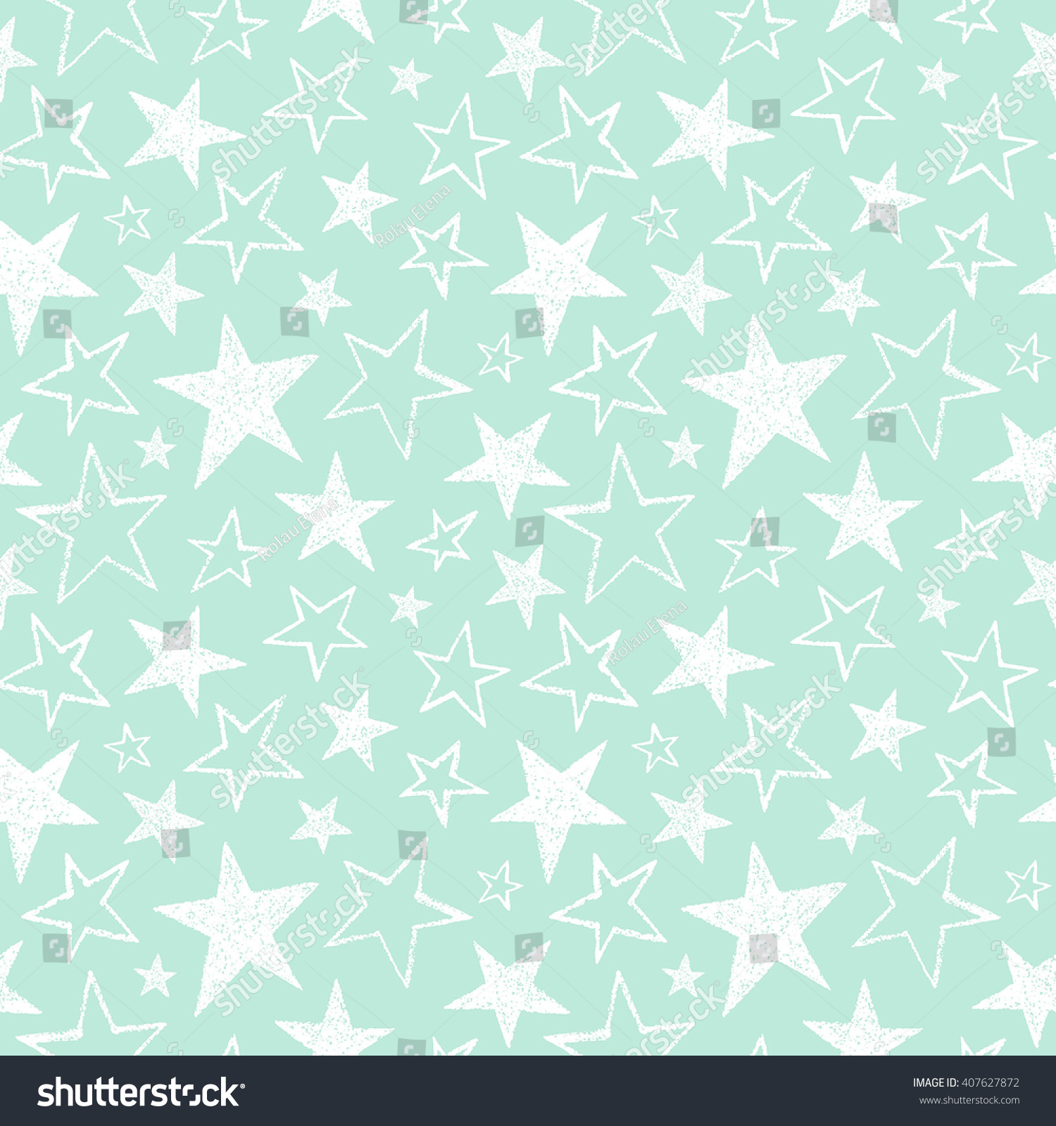 Brush drawn stars of different size seamless vector pattern. Doodle style star shapes. Rough texture  uneven edges. Free hand drawn background. Mint green and white.
