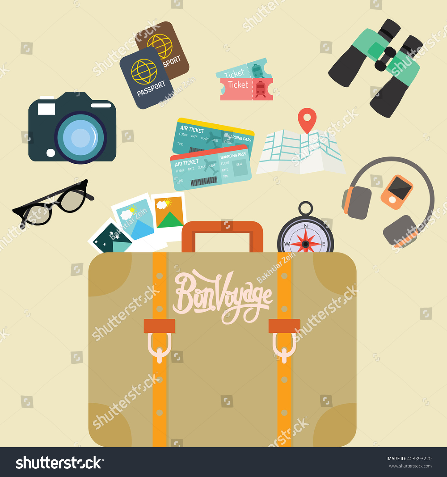 travel bon voyage baggage leather suitcase object carry like camera passport map and ticket