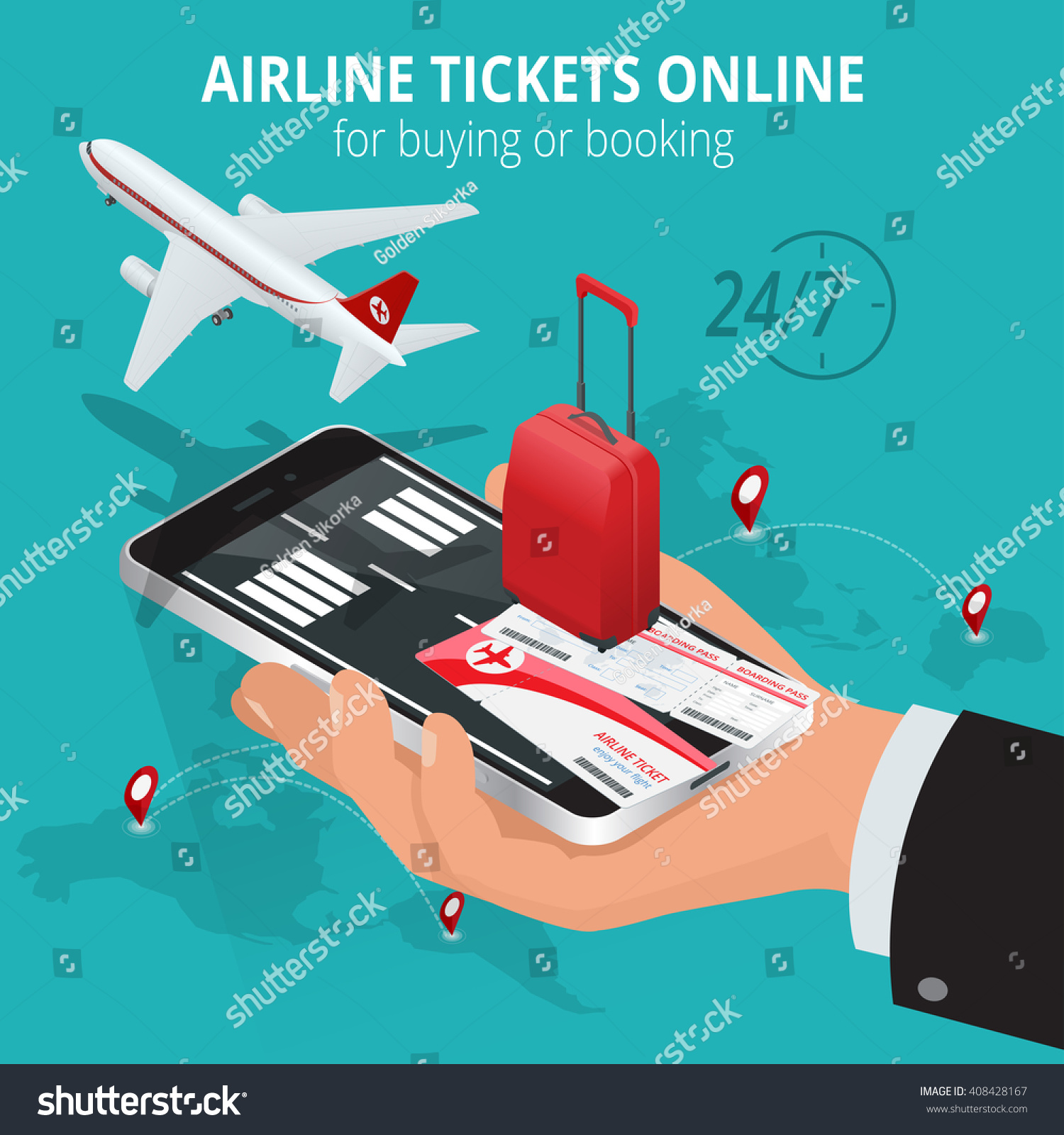 Airline tickets online. Buying or booking online ticket. Travel  business flights worldwide.  Flat 3d isometric vector illustration. Boarding pass