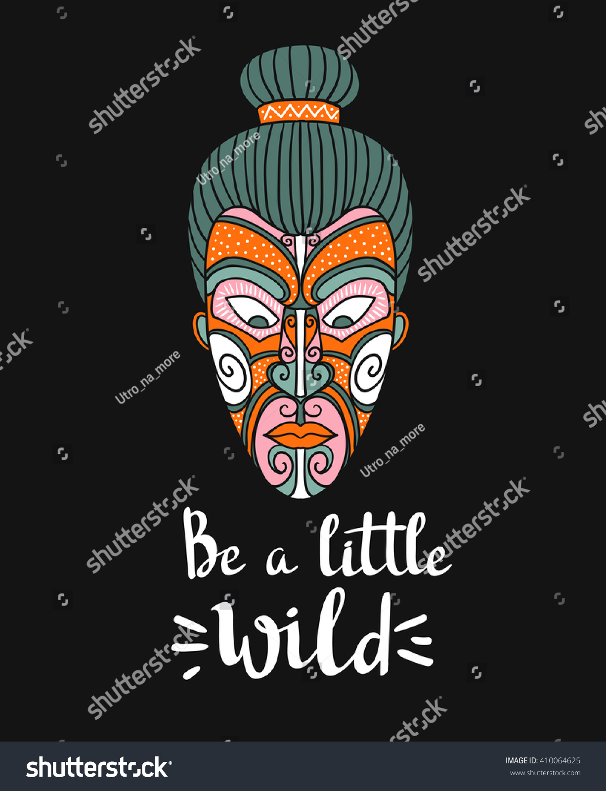 Maori mask. Vector print design with boho lettering. 