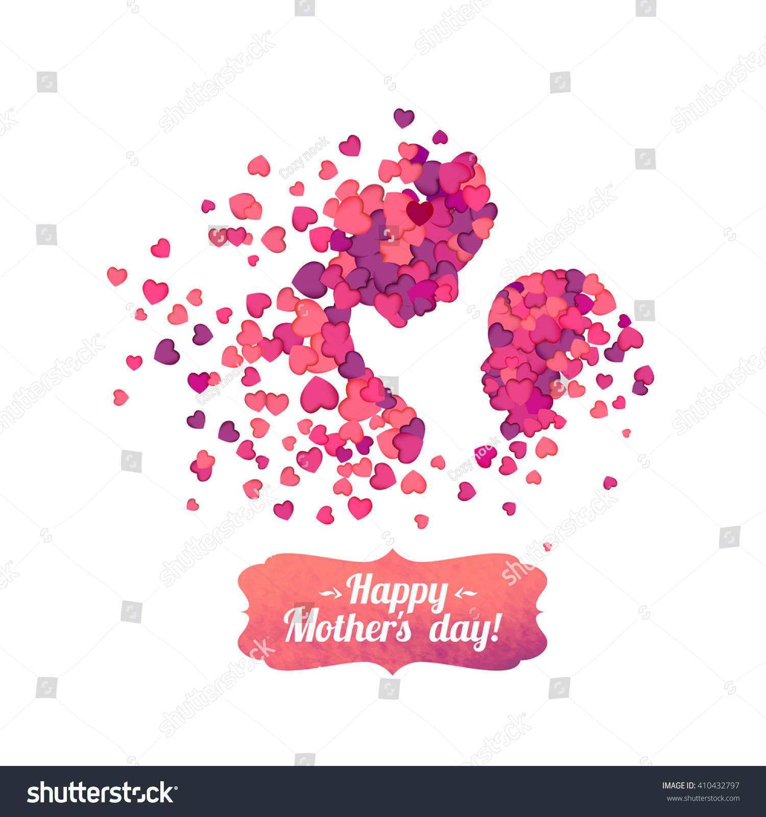 Happy Mother's Day! Silhouette of a mother and her child of pink hearts