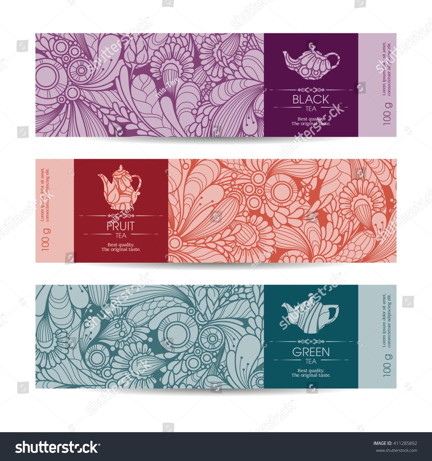 Vector set of templates packaging tea  label  banner  poster  identity  branding. Floral abstract pattern background with design elements -  teapot icon. Stylish design for black  green and fruit tea
