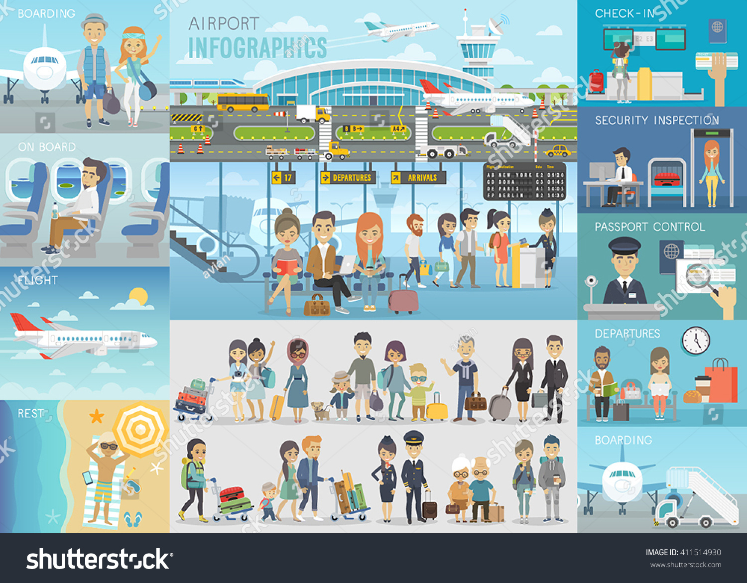 Airport Infographic set with charts and other elements. Vector illustration.