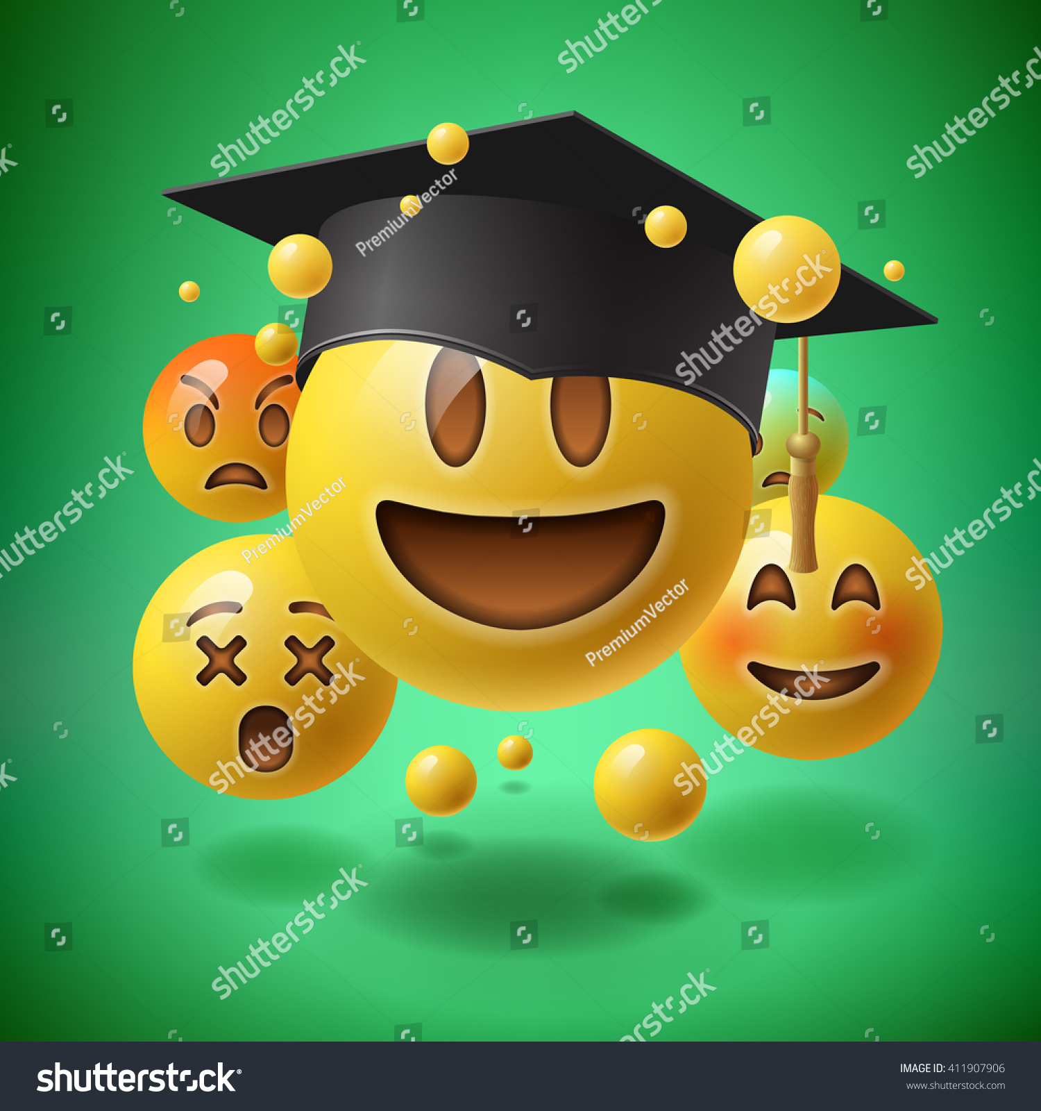 Concept for graduation  green background with group of smiley emoticons  emoji  vector illustration.