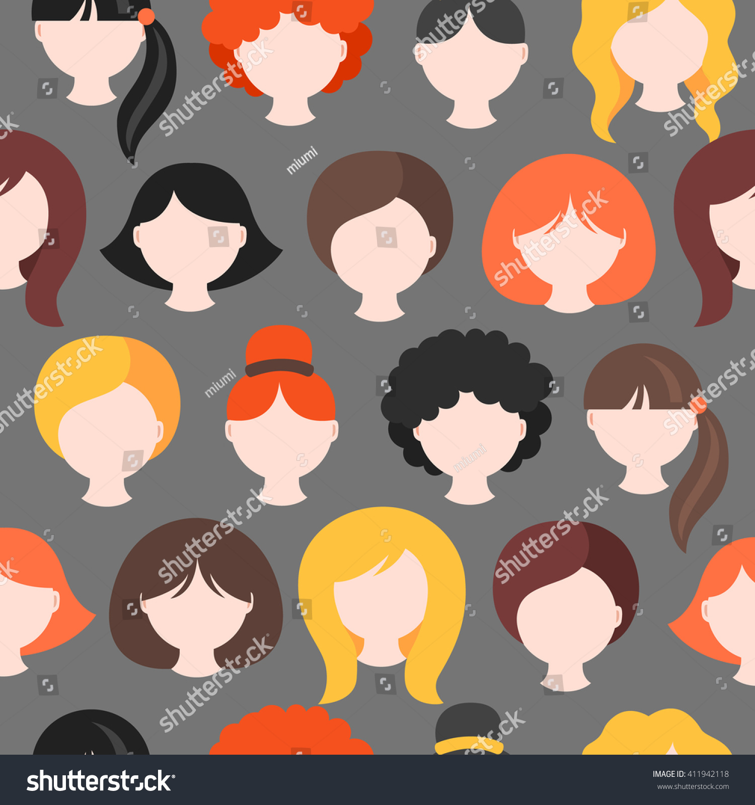 Seamless pattern with girl's heads. Short  medium  long hair. Redhead  blonde  brunette. Curly  wavy and straight hair. Perfect for wallpaper  web page background  avatars  icons  beauty salon prints 