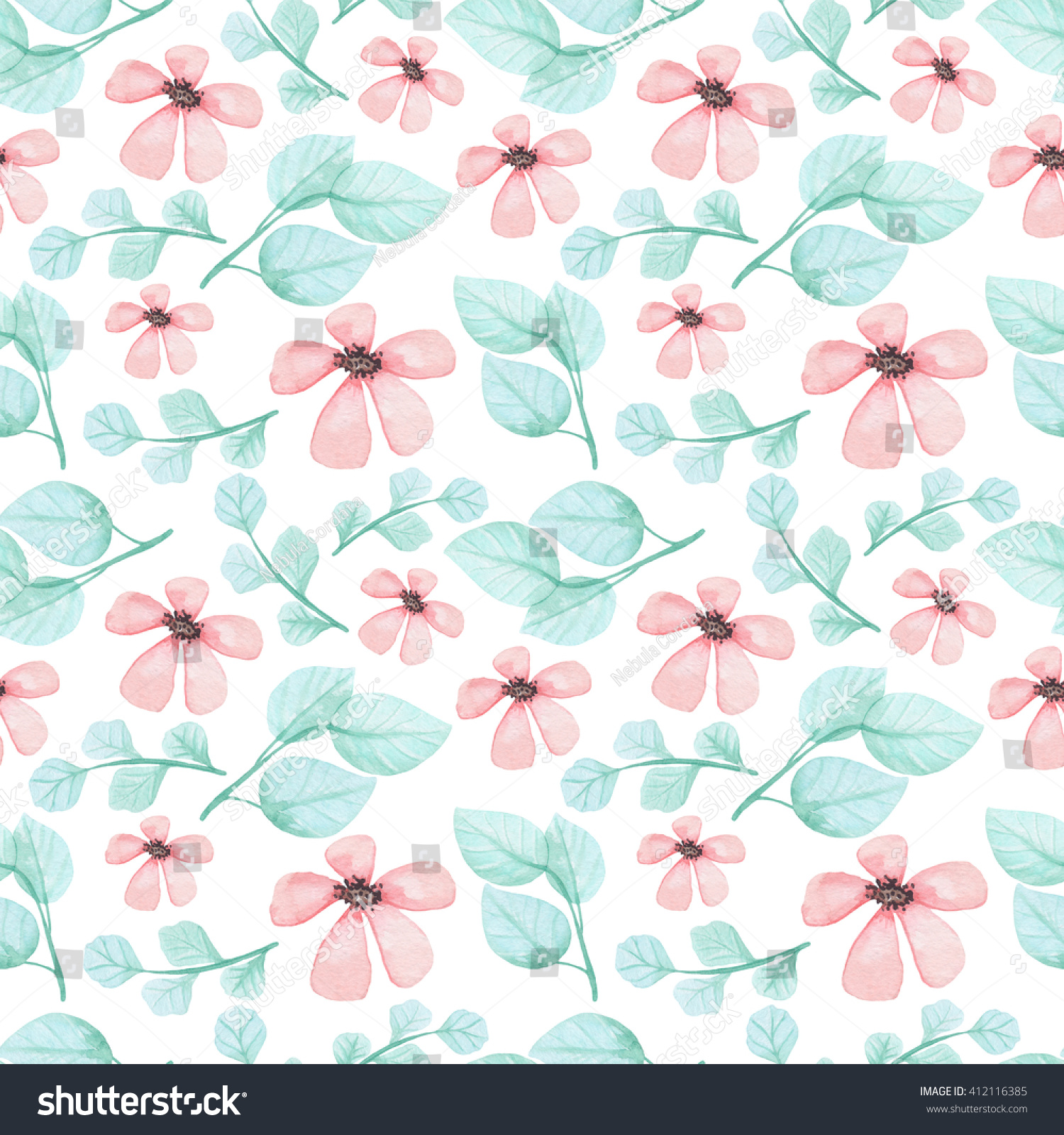 Watercolor Pink Flowers And Light Green Leaves Seamless Pattern