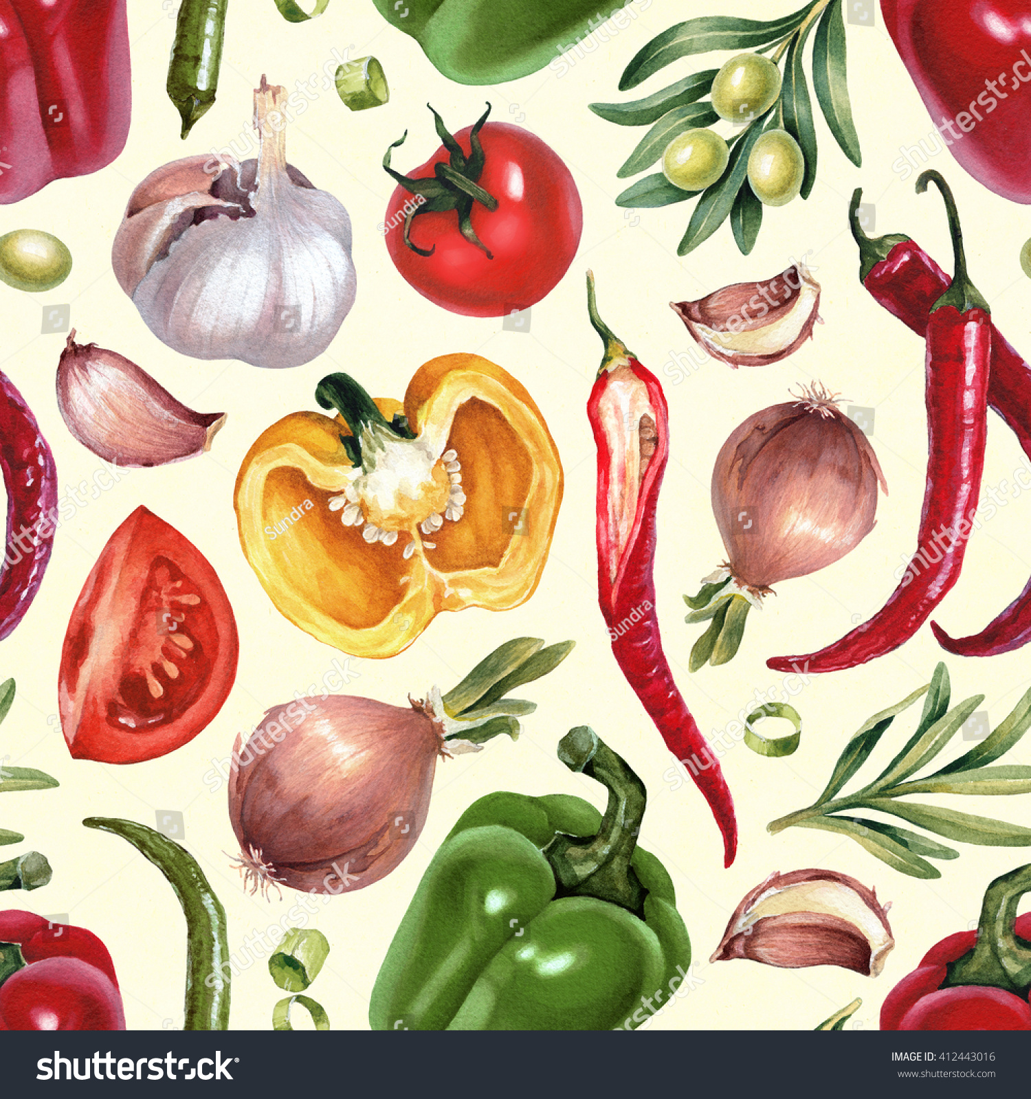 Seamless pattern with watercolor illustrations of vegetables