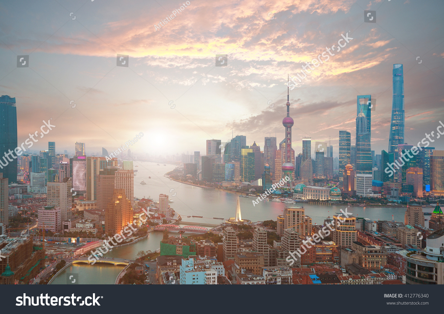 Aerial photography bird view at Shanghai bund Skyline of of sunrise