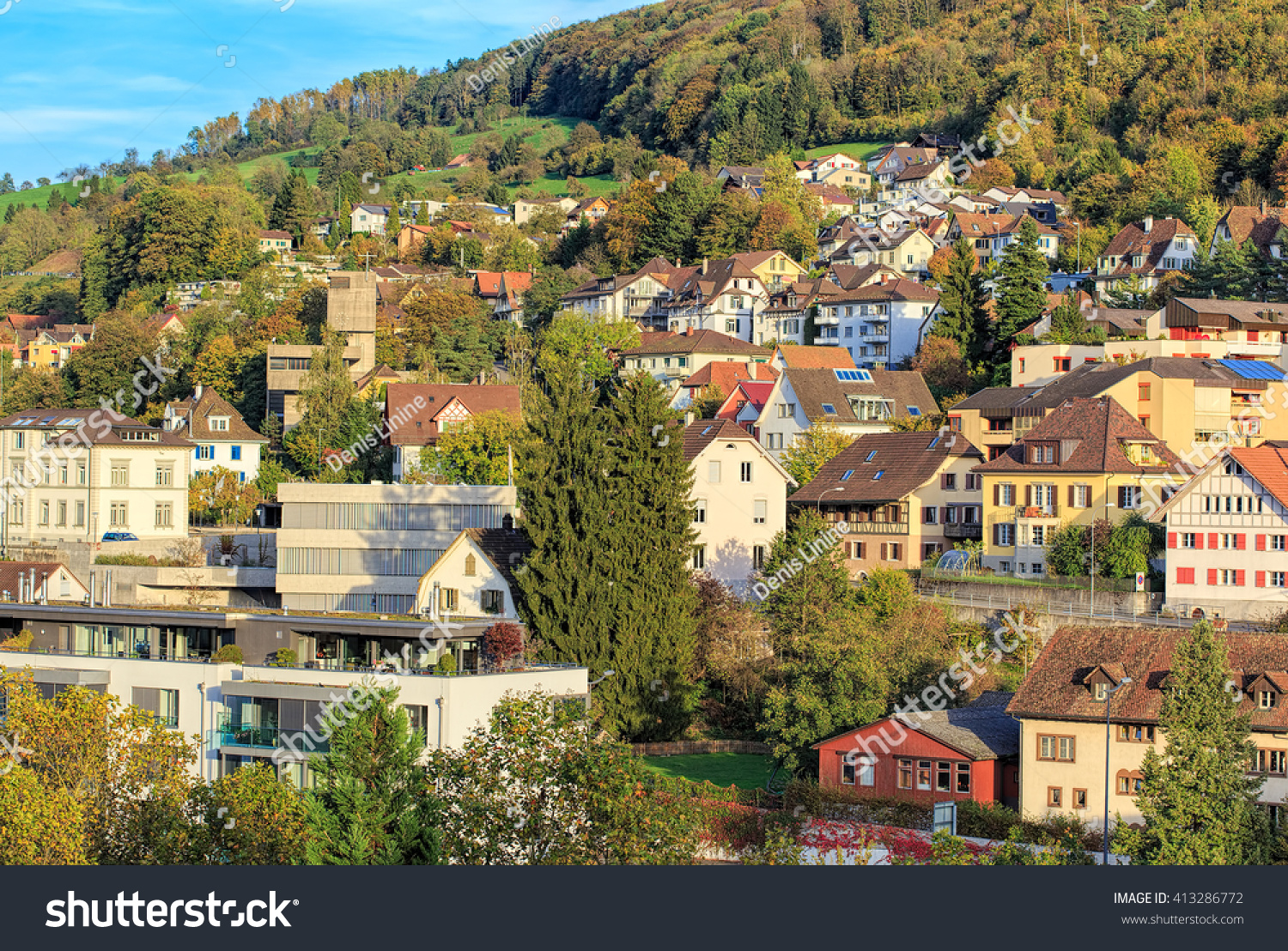 View on the city of Baden Switzerland at sunset in the middle of autumn. Baden is a city in the Swiss canton of Aargau.