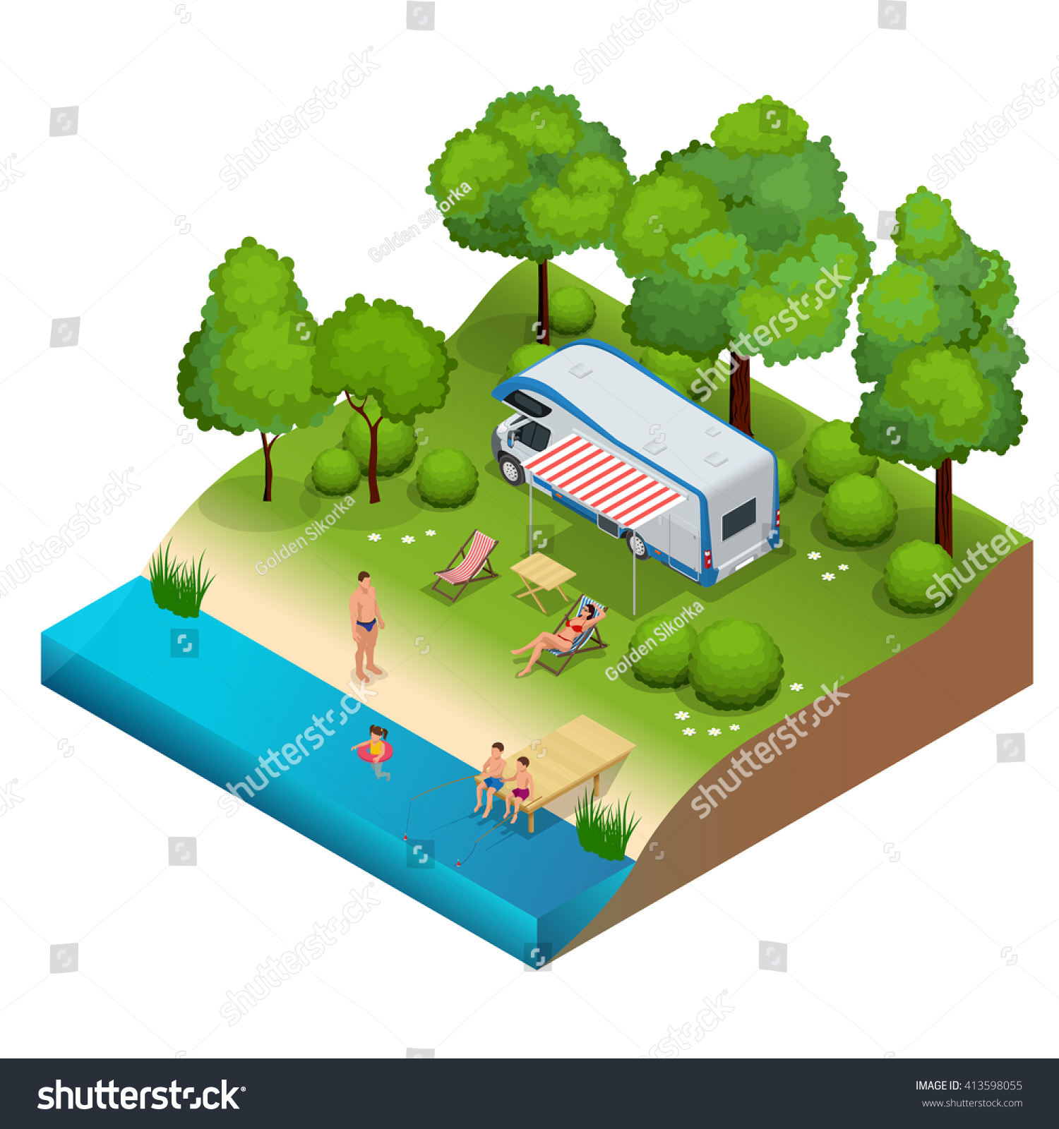 RV camper in camping  family vacation travel  holiday trip in motorhome  Flat 3d vector isometric illustration