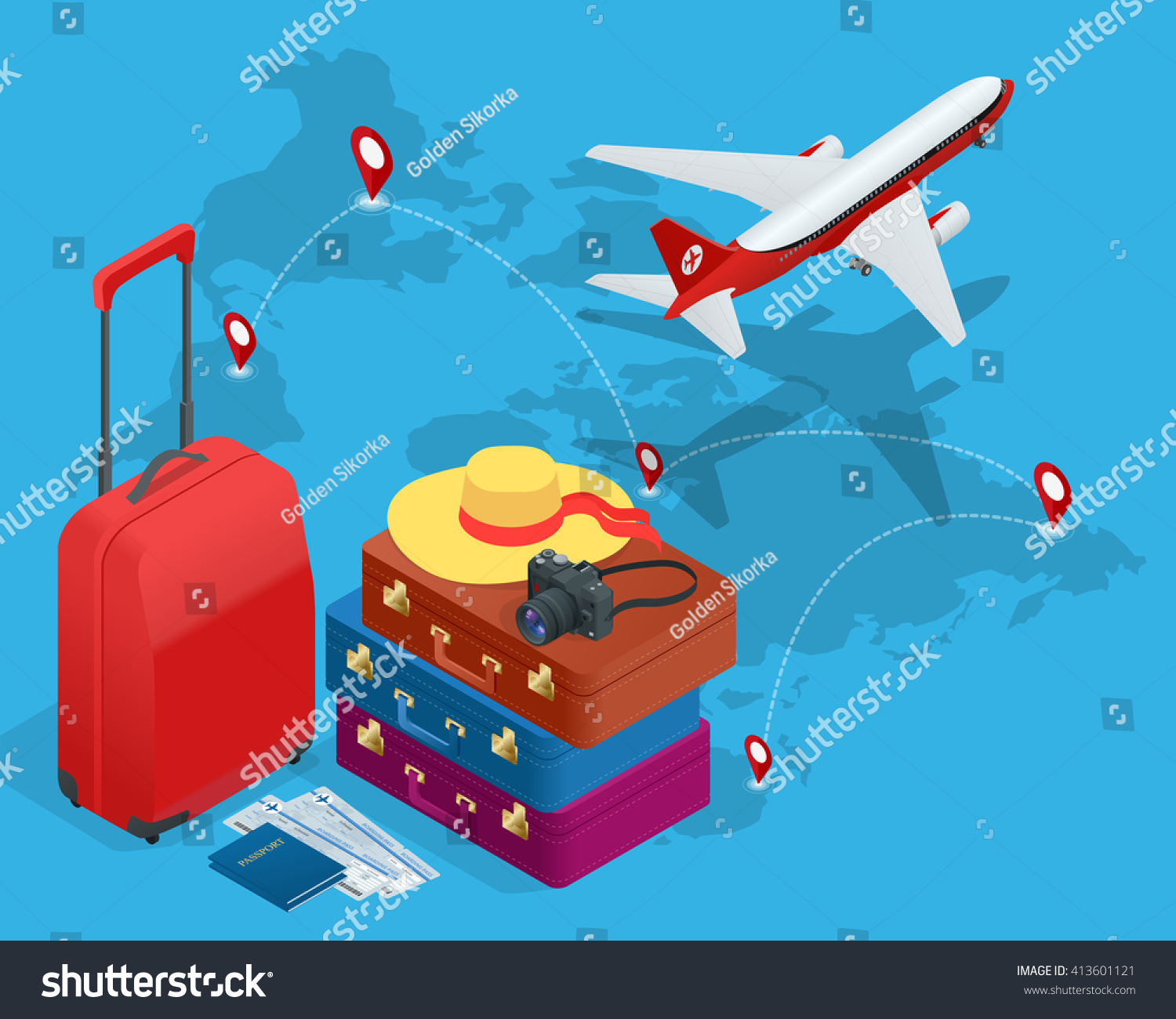 Travel concept. Greeting card.  Bags  passport  photo camera and  tickets and airplane in sky. Isometric flat 3d illustration
