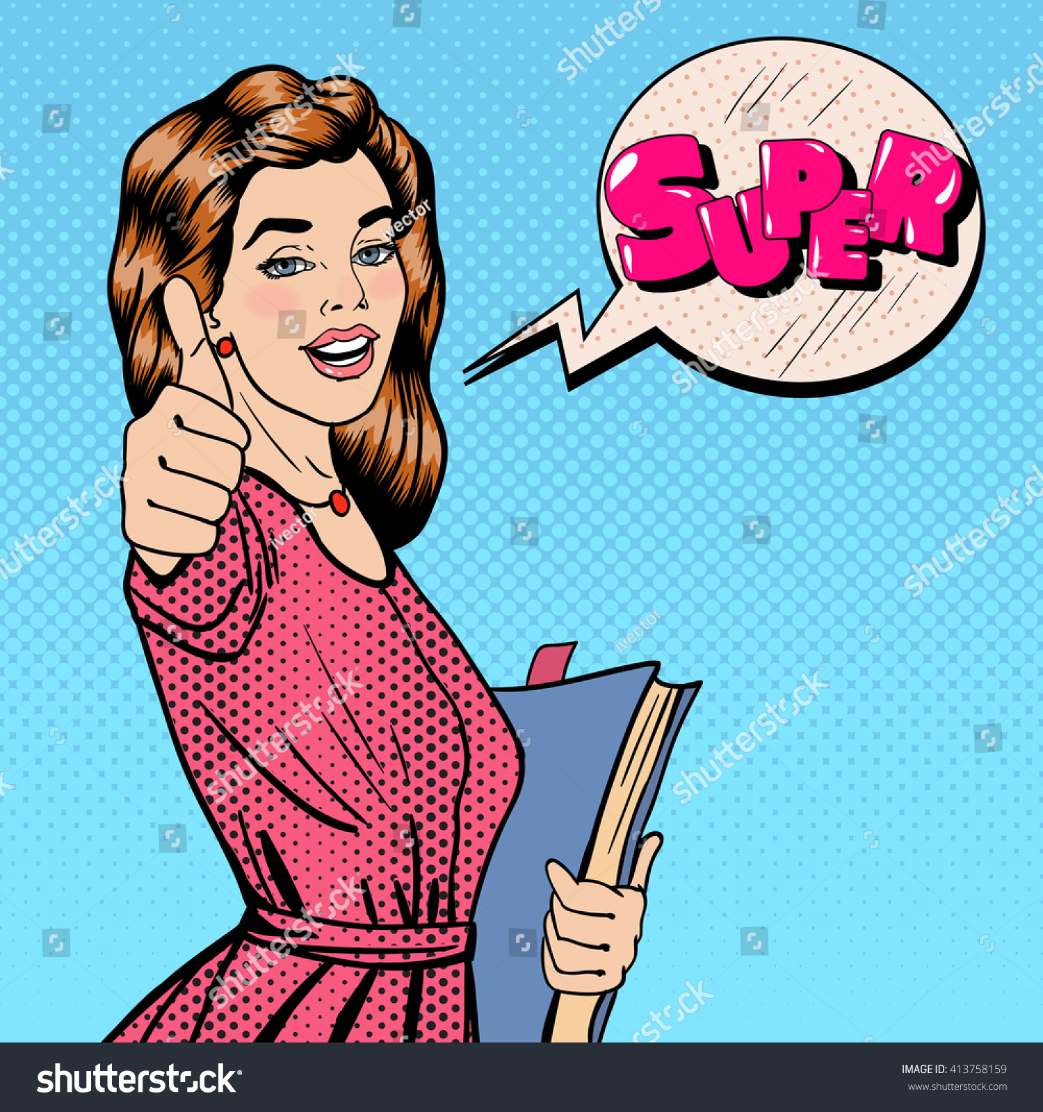 Pop Art Happy Woman Student with Books Gesturing Thumbs Up. Comic Speech Bubble. Vector illustration