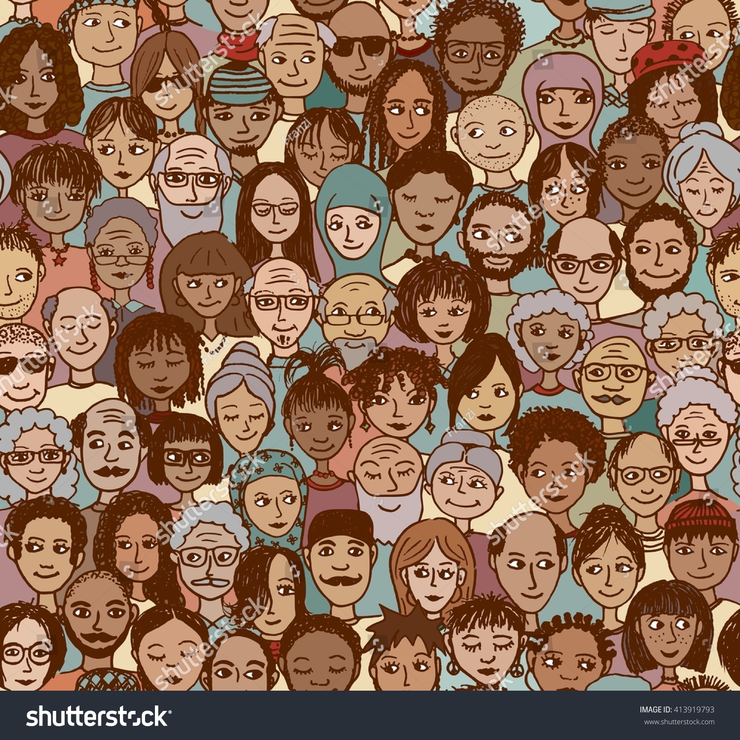 Diverse crowd of people - seamless pattern of hand drawn faces from various age groups and ethnic backgrounds
