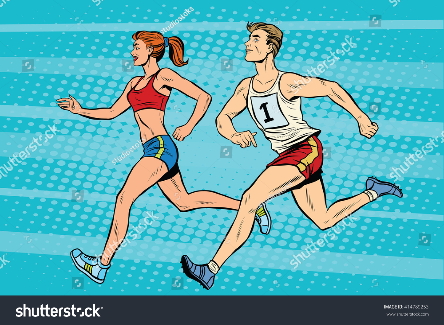 Man woman athletes running track and field summer games