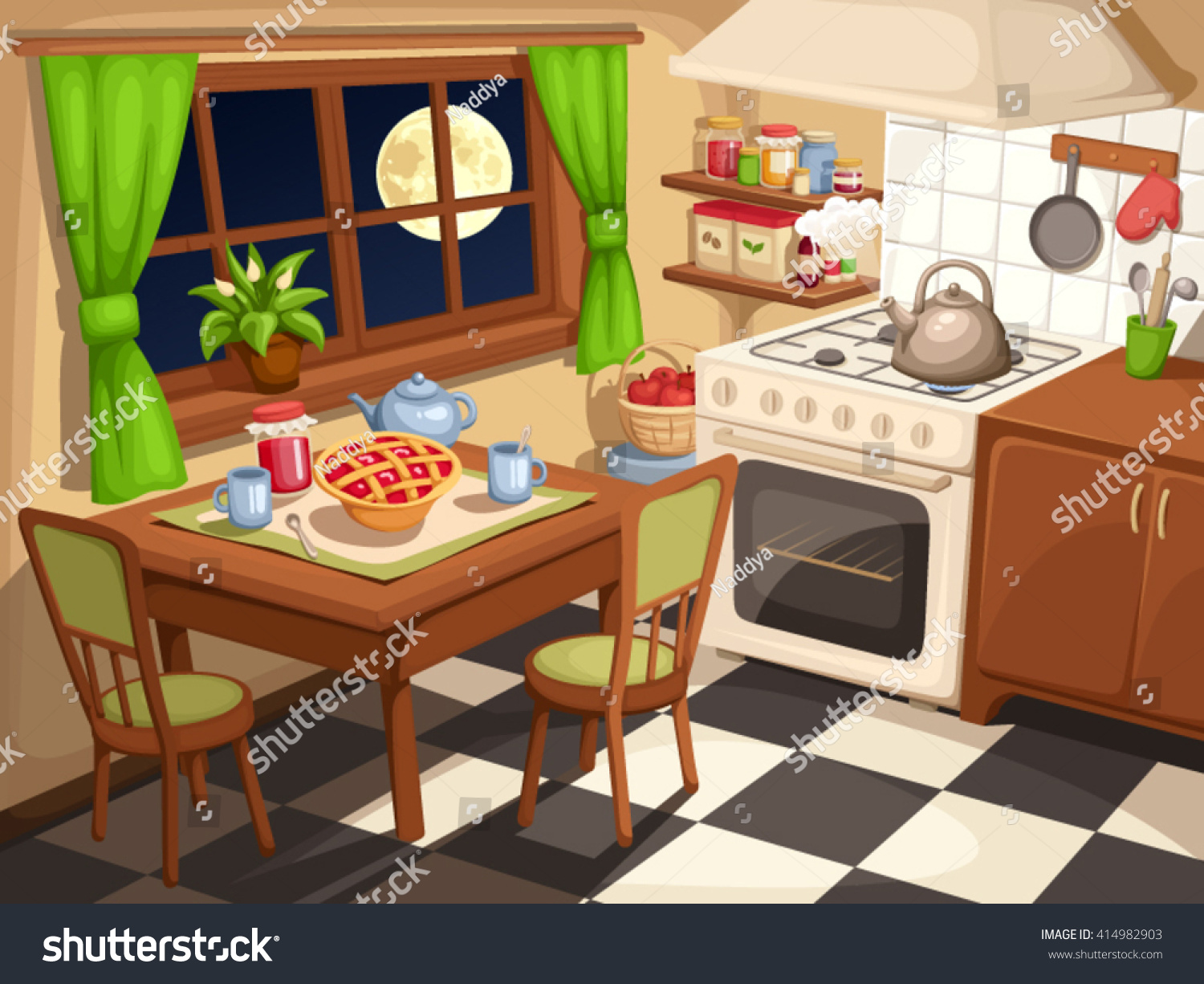 Vector illustration of an evening kitchen interior with laid table and a kettle on a stove.