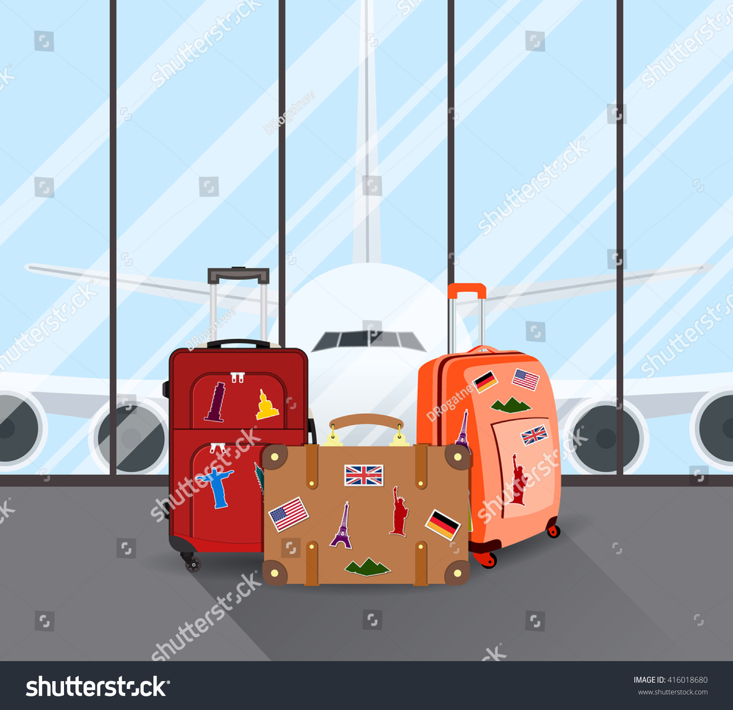 Travel suitcases in airport with a plane in background. Travel  Business trip concept. Vector illustration in flat design. travel and vacations concept