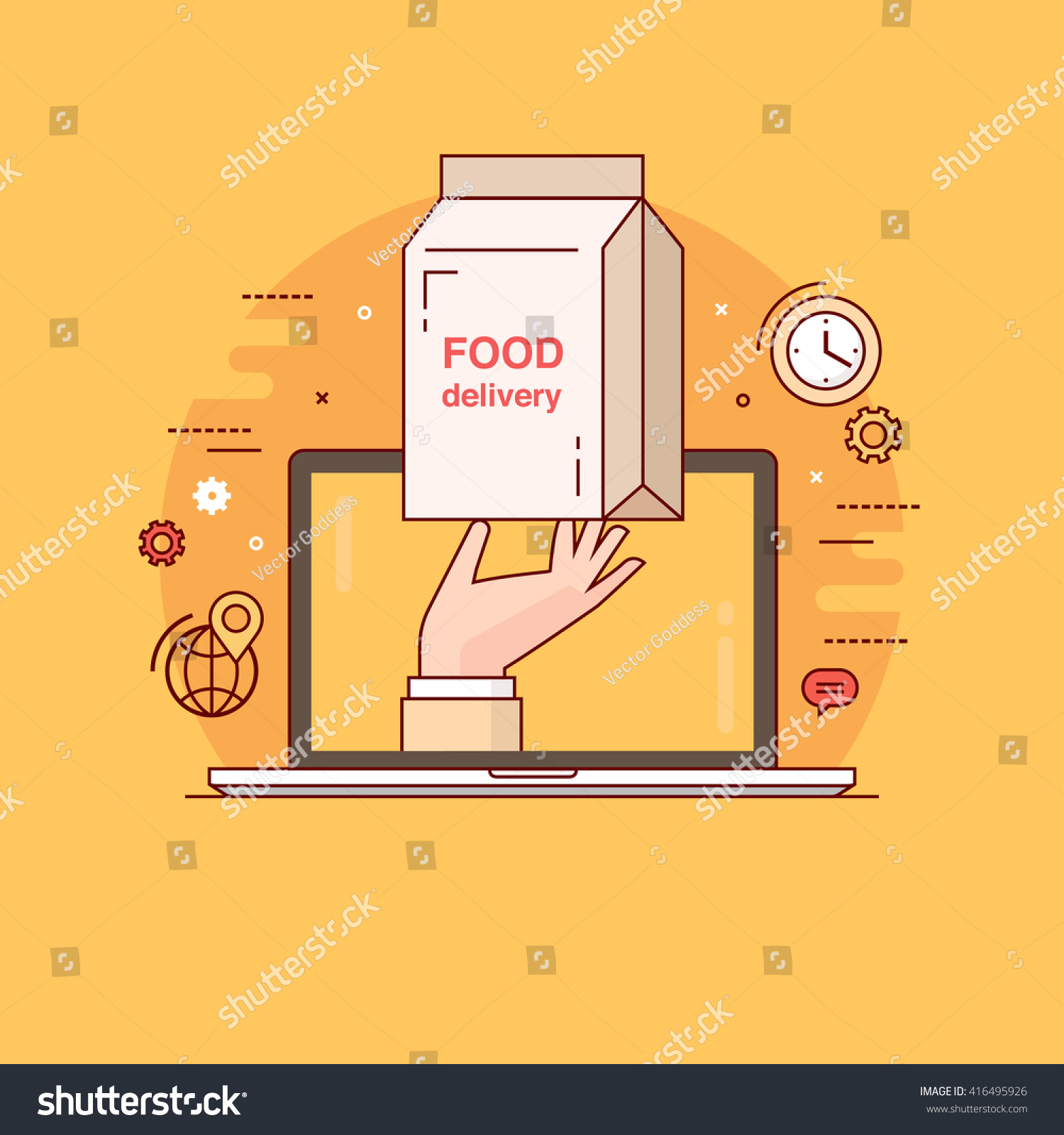 Thin line colorful vector illustration concept for food delivery  online ordering of meal isolated on bright background