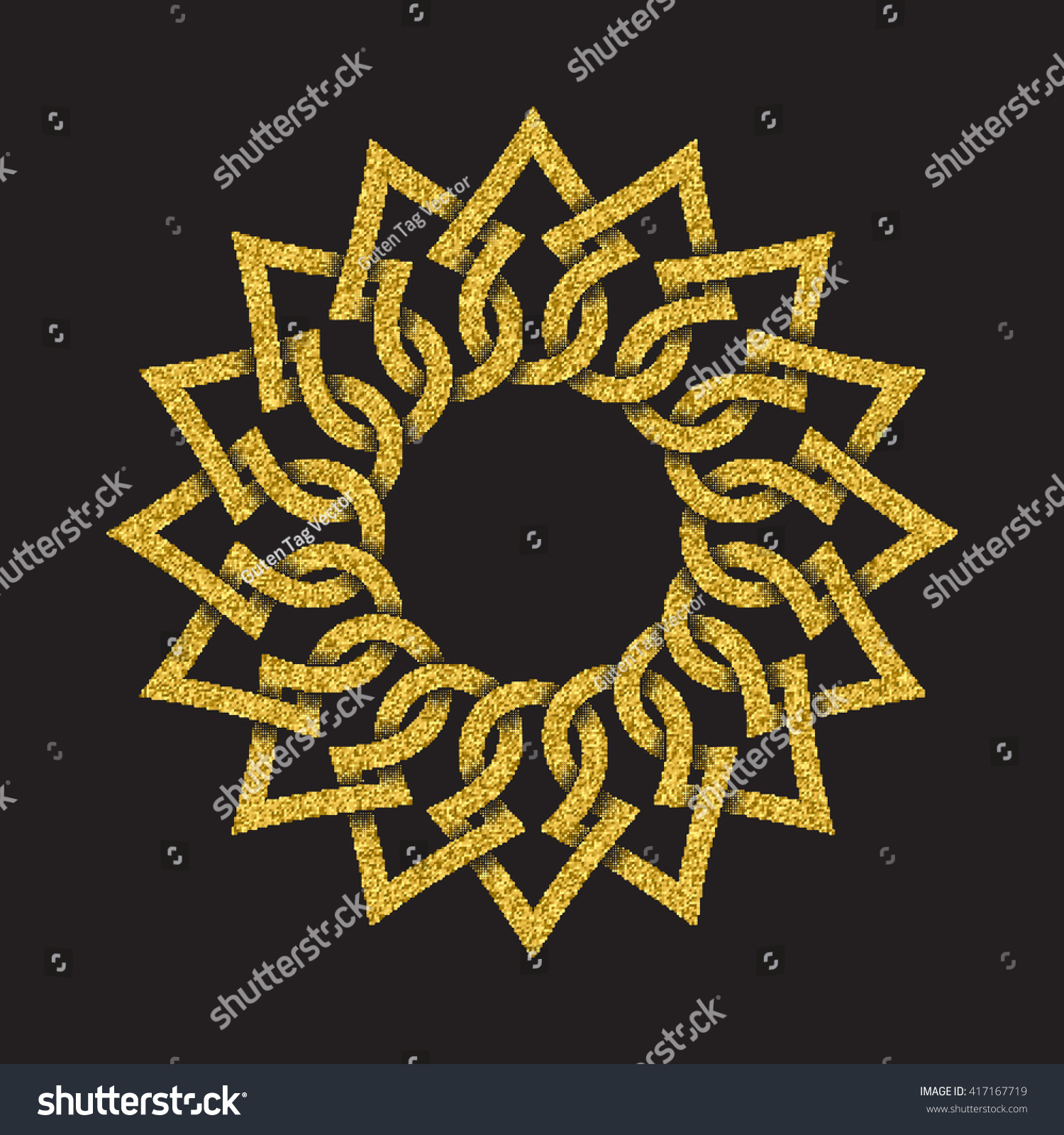 Golden glittering logo symbol in Celtic style on black background. Tribal symbol in circular mandala form. Gold stamp for jewelry design.