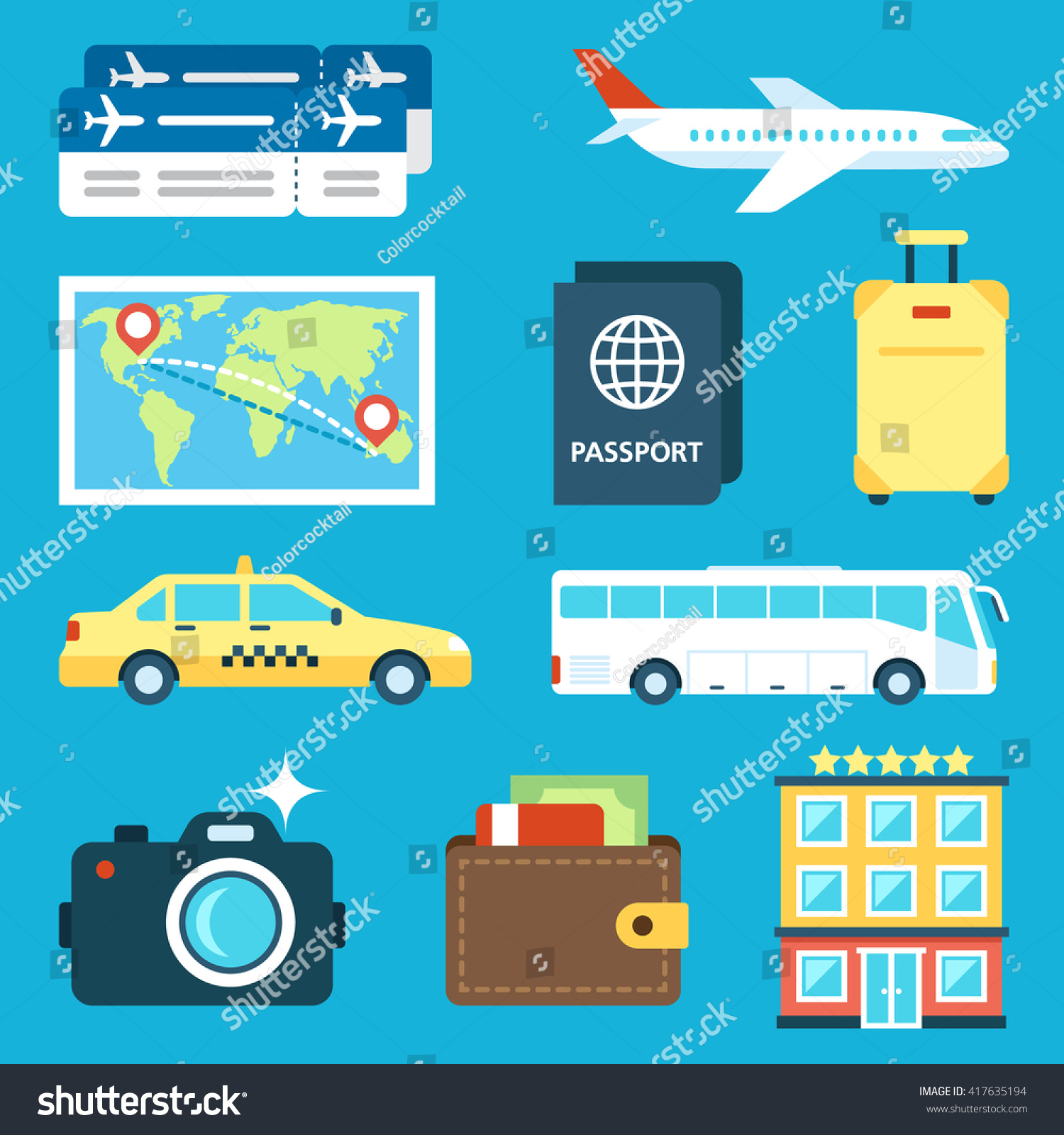 Vector set of travel icons. Flat style.