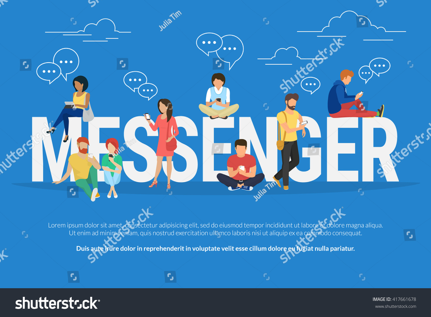 Messenger concept illustration of young people using mobile gadgets such as tablet pc and smartphone for texting messages via mobile messenger. Flat design of students standing near letters
