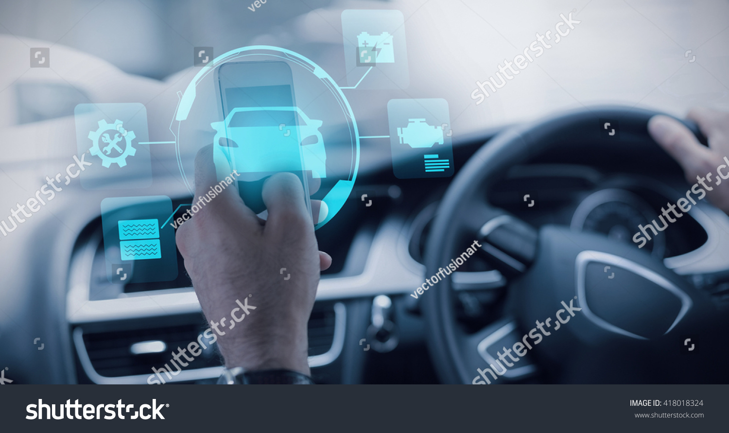 Car against businessman using a smartphone