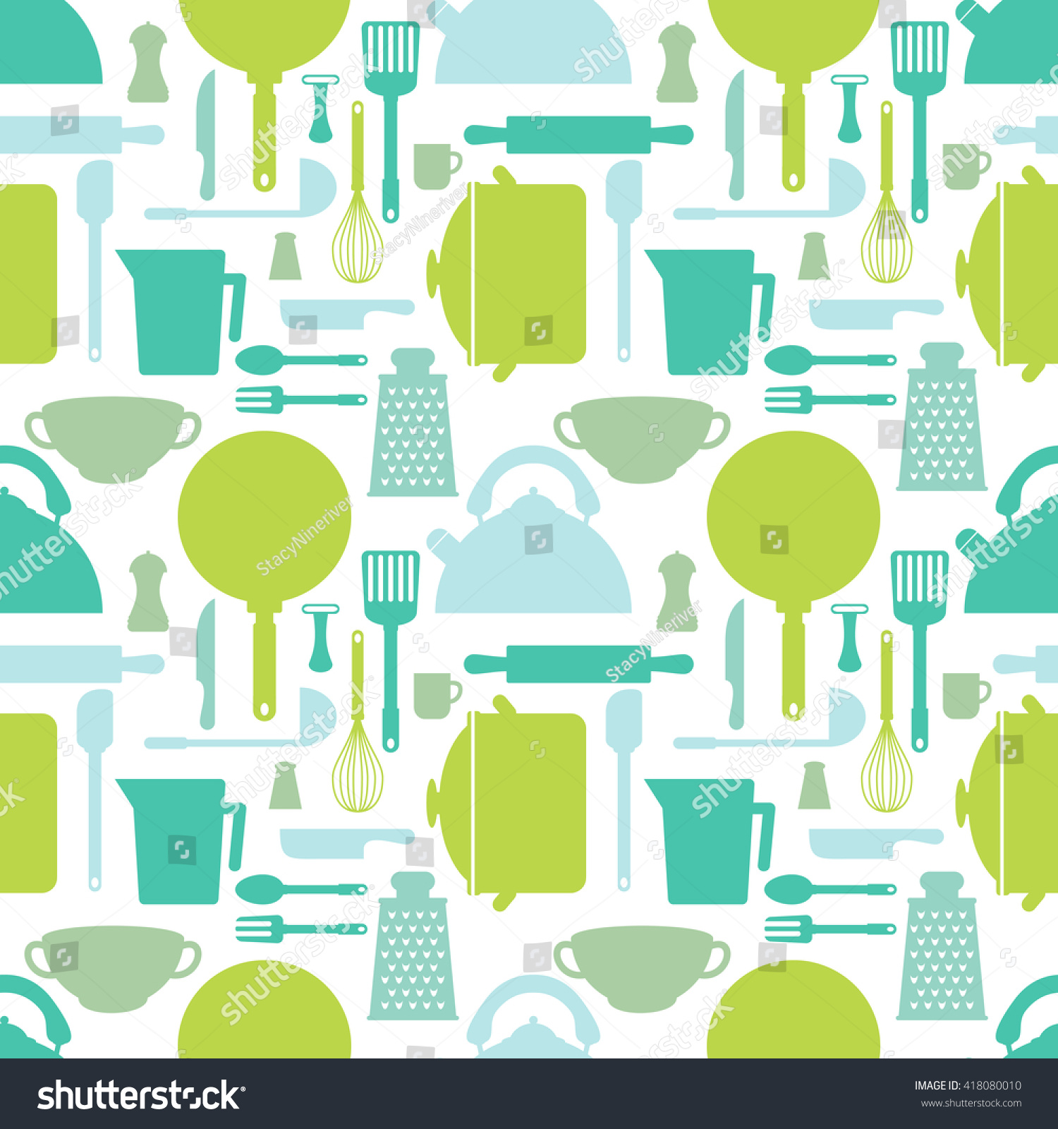 Seamless pattern with kitchen tools. Cook accessories in blue and green tones. Vector illustration.