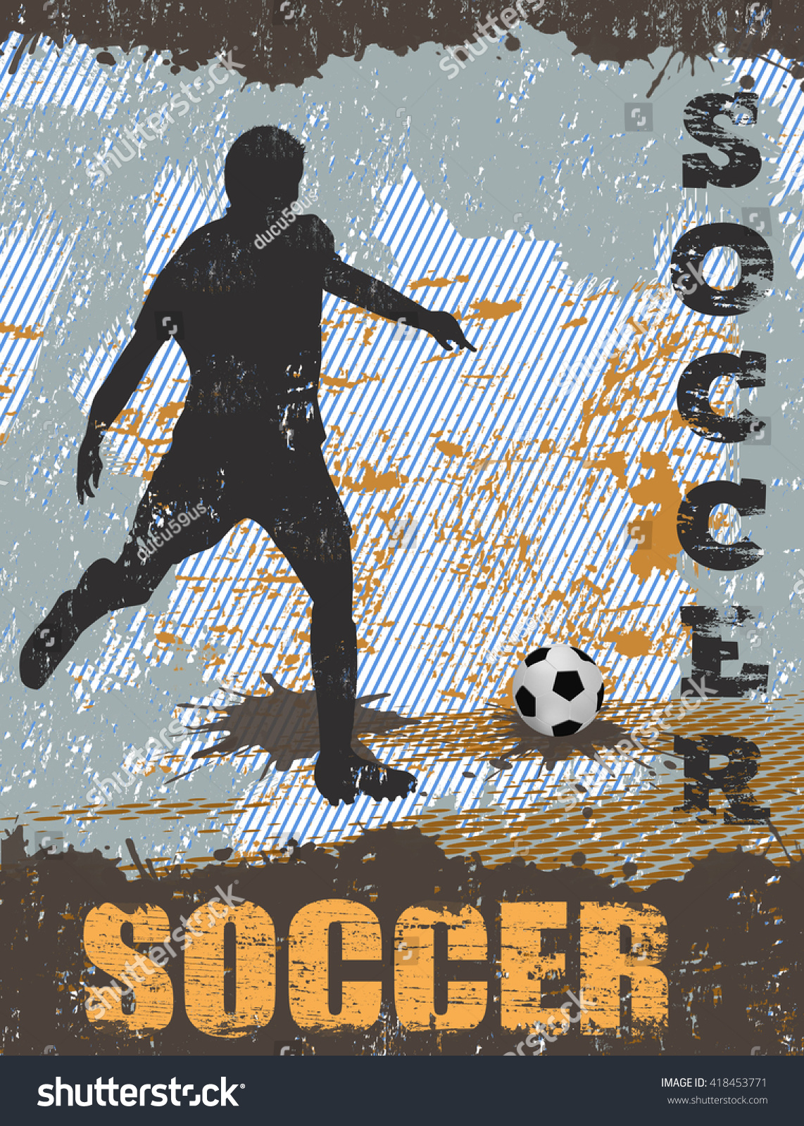 Soccer grunge poster background with player silhouette  vector illustration