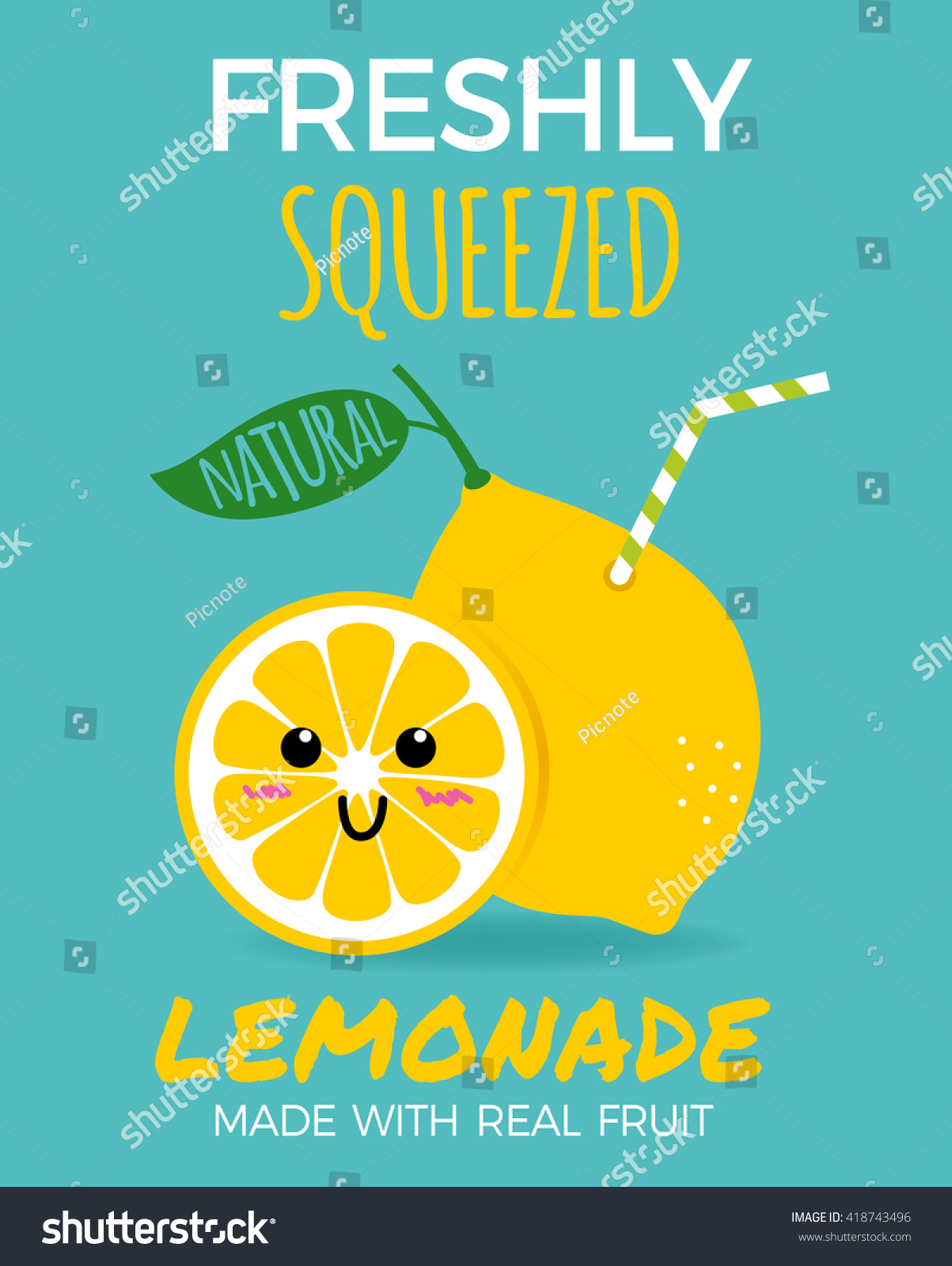 Cute Lemon as a drink with a straw. Fresh lemonade concept illustration vector.