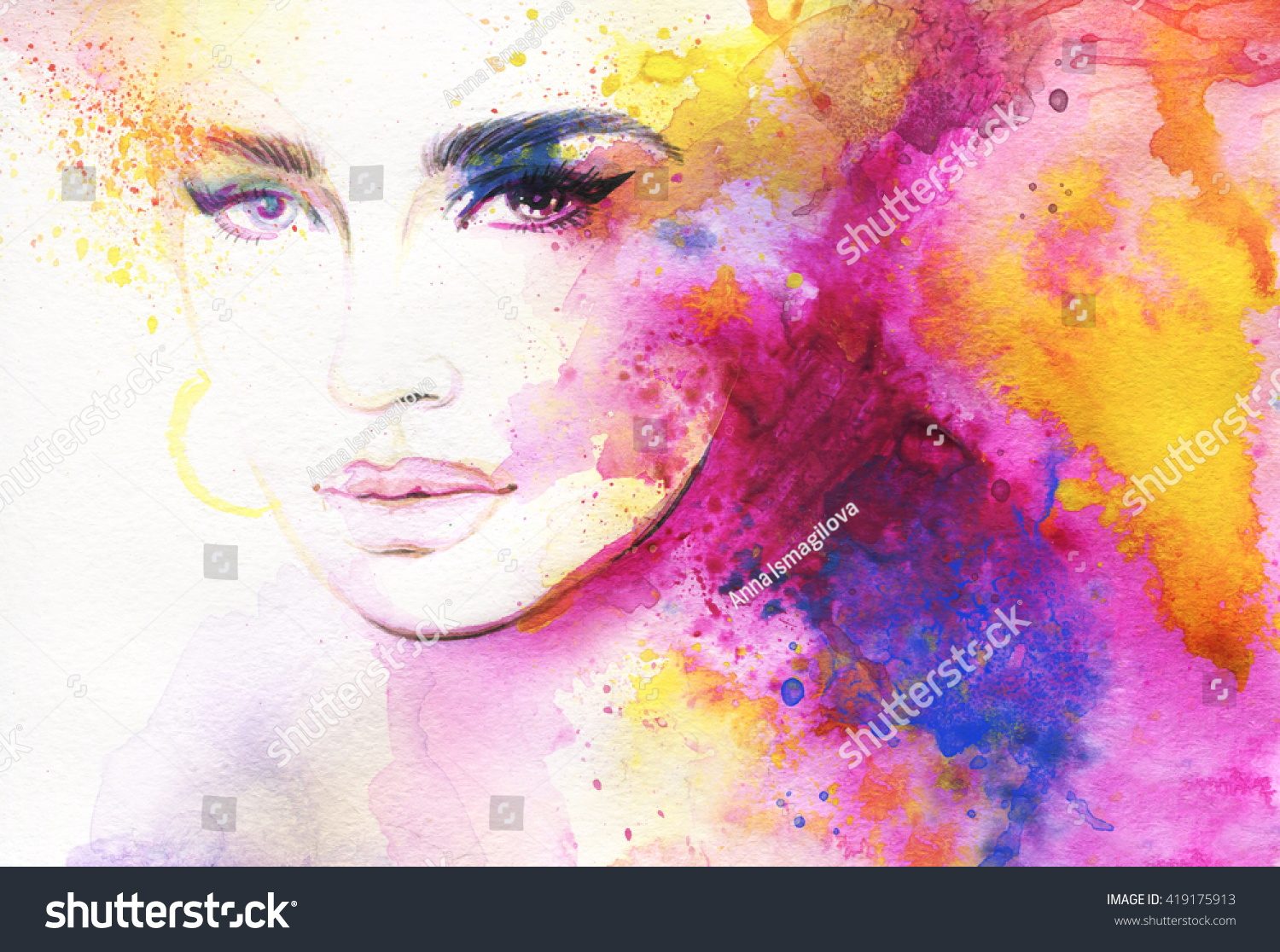 Beautiful woman face. Abstract fashion watercolor illustration