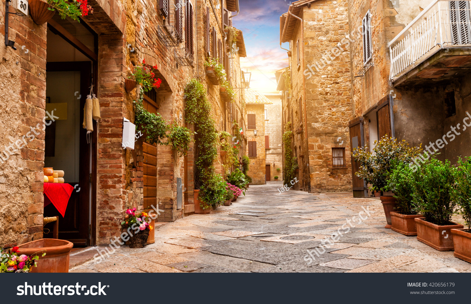 Colorful street in Pienza  Tuscany  Italy