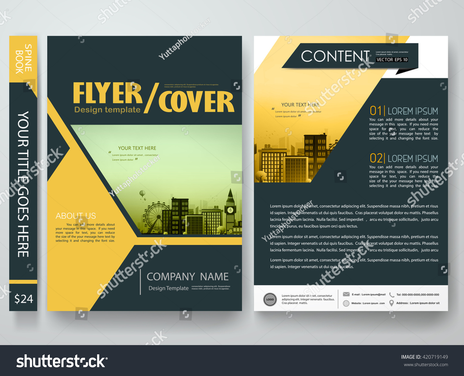 Flyers design template vector. Brochure report business magazine poster. Cover book minimal portfolio presentation. Abstract yellow shape and city concept in A4 layout.