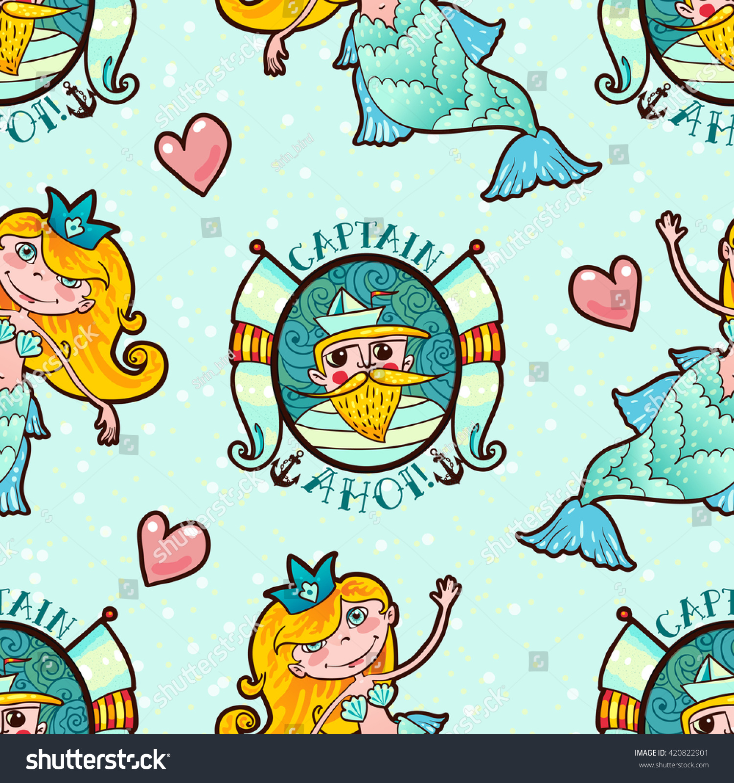 Sweetheart mermaid and Seaman seamless pattern. Kawaii girl sea Naiad Maritime princess. Old school style. Endless For kid prints on T-shirts  bags  cards  old school tattoos. Vector illustration