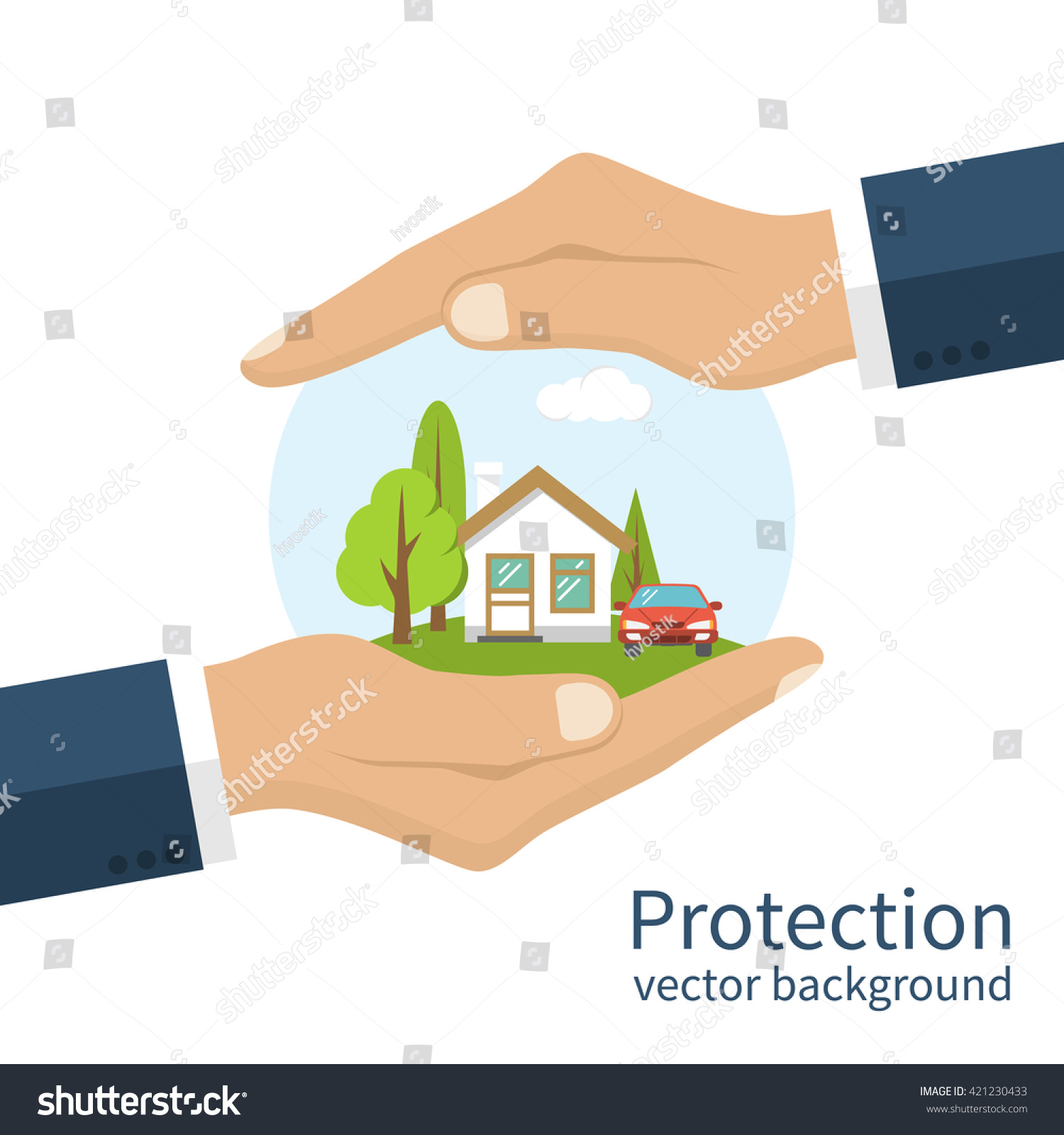Concept security of property. Insurance home  car  money. Insurance agent holds in hand of house  protection from danger  providing security. Vector illustration flat design.